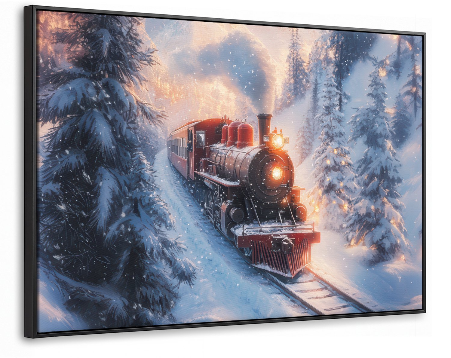 Canvas Schilderij met Baklijst XXL Canvas Schilderij met Baklijst 140x90cm - Kersttrein - Sneeuw - Winter - Kerst - Muurdecoratie woonkamer - Slaapkamer decoratie - Kamer accessoires - Schilderijen op canvas met lijst groot