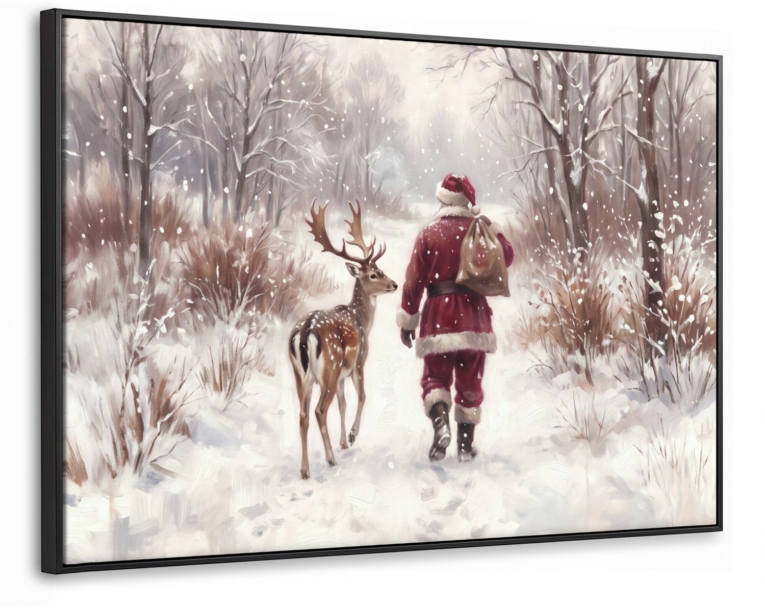 Canvas Schilderij met Baklijst XXL Canvas Schilderij met Baklijst 140x90cm - Kerstman - Winter - Natuur - Muurdecoratie woonkamer - Slaapkamer decoratie - Kamer accessoires - Schilderijen op canvas met lijst groot