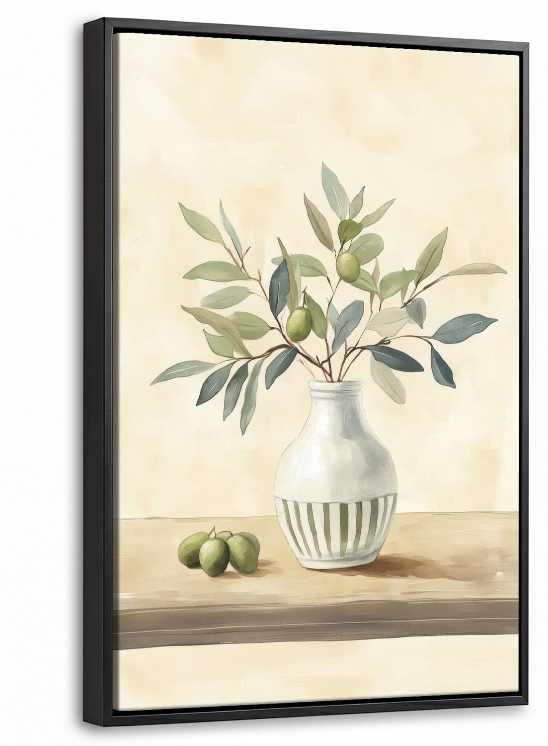 Canvas Schilderij met Baklijst 20x30cm - Vaas - Keramiek - Olijftakken - Muurdecoratie woonkamer - Slaapkamer decoratie - Kamer accessoires - Schilderijen op canvas met lijst