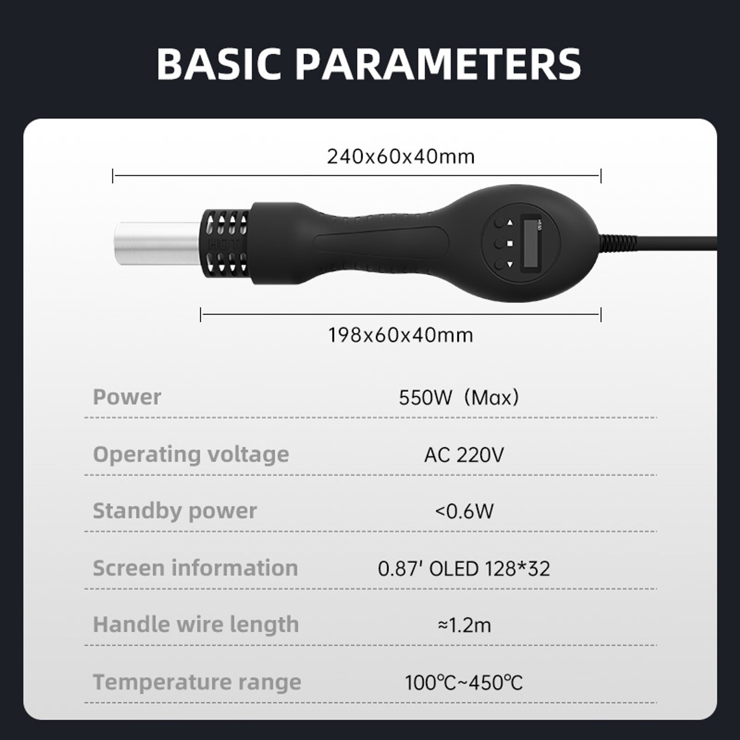 Heteluchtpistool - Heteluchtföhn - Warmeluchtpistool - Handgehouden - Digitaal Scherm - Instelbare Temperatuur - 550 Watt - Set 3 - EU-stekker - Voor Solderen, Krimpkous en Knutselen