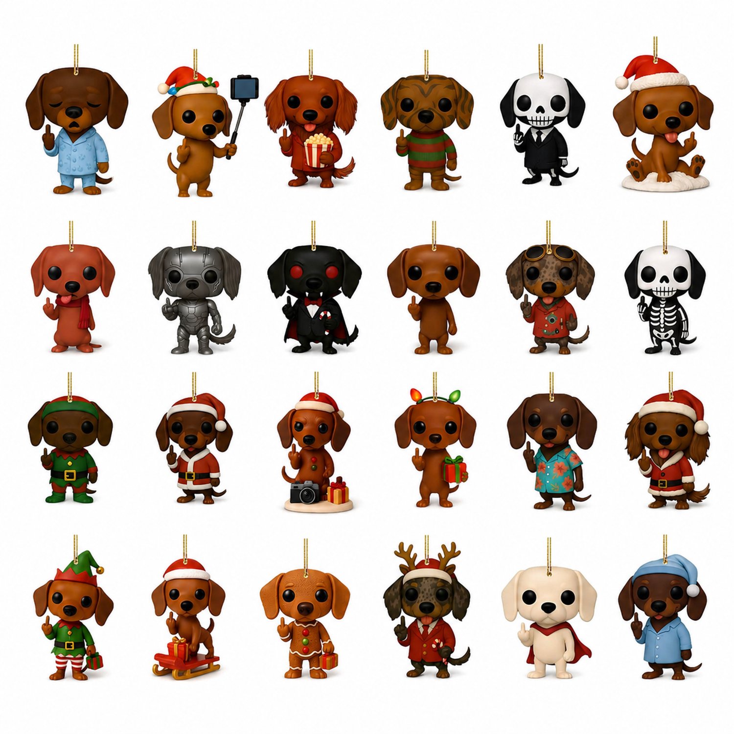 Teckel-adventskalender met 24 genummerde vakjes en kersthangdecoraties - doos 26 x 18 x 3 cm