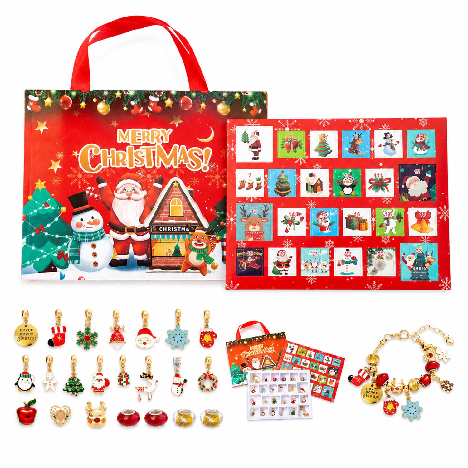 DIY-sieraden adventskalender met 24 vakjes, 2 armbanden, 15 bedels en 7 kralen, inclusief kerstcadeautas