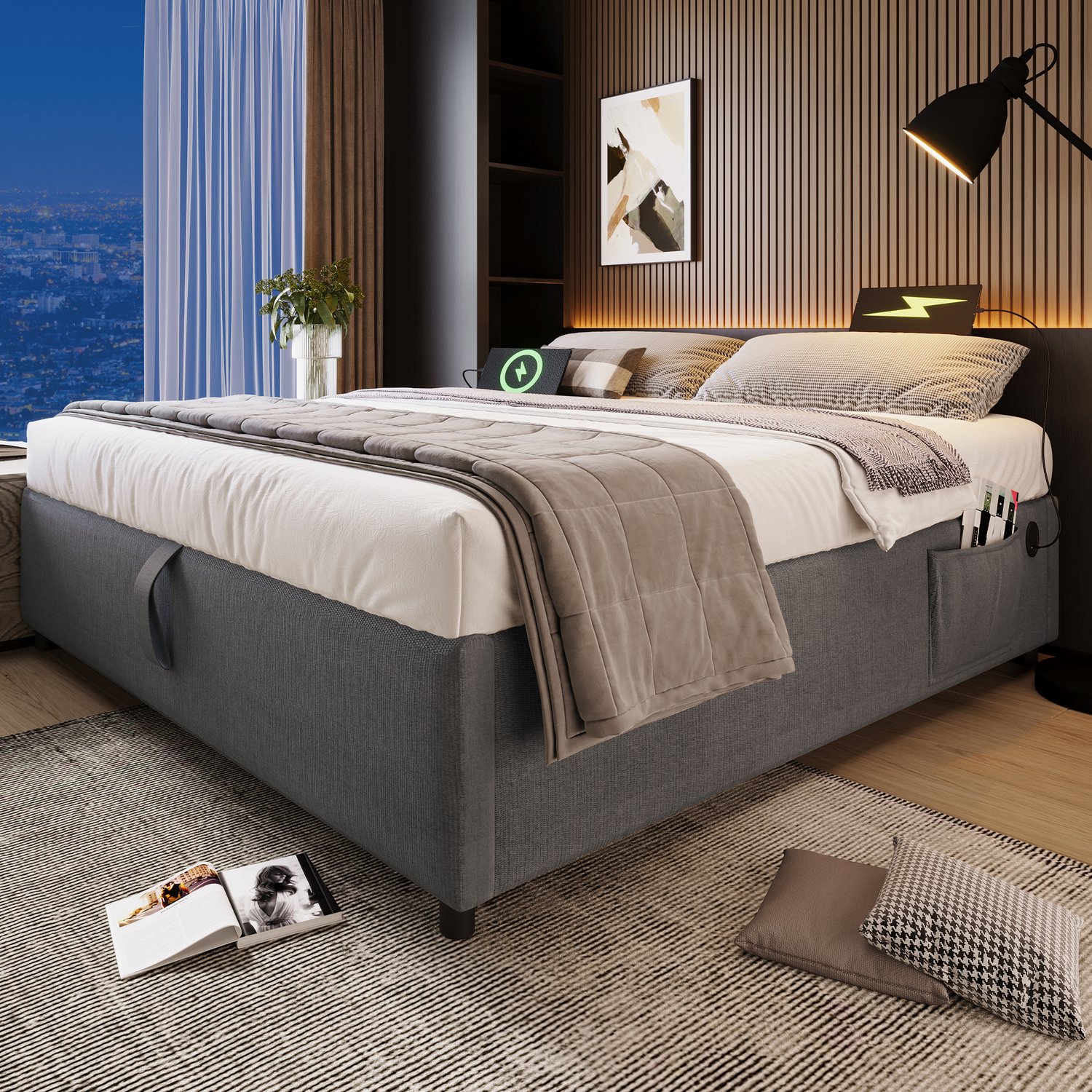 MUVANO Gestoffeerd opbergbed 140x200 - Tweepersoonsbed - USB en USB-C - Hydraulische bedbodem - Katoen en linnen - Zonder hoofdbord - Slaapkamer grijs
