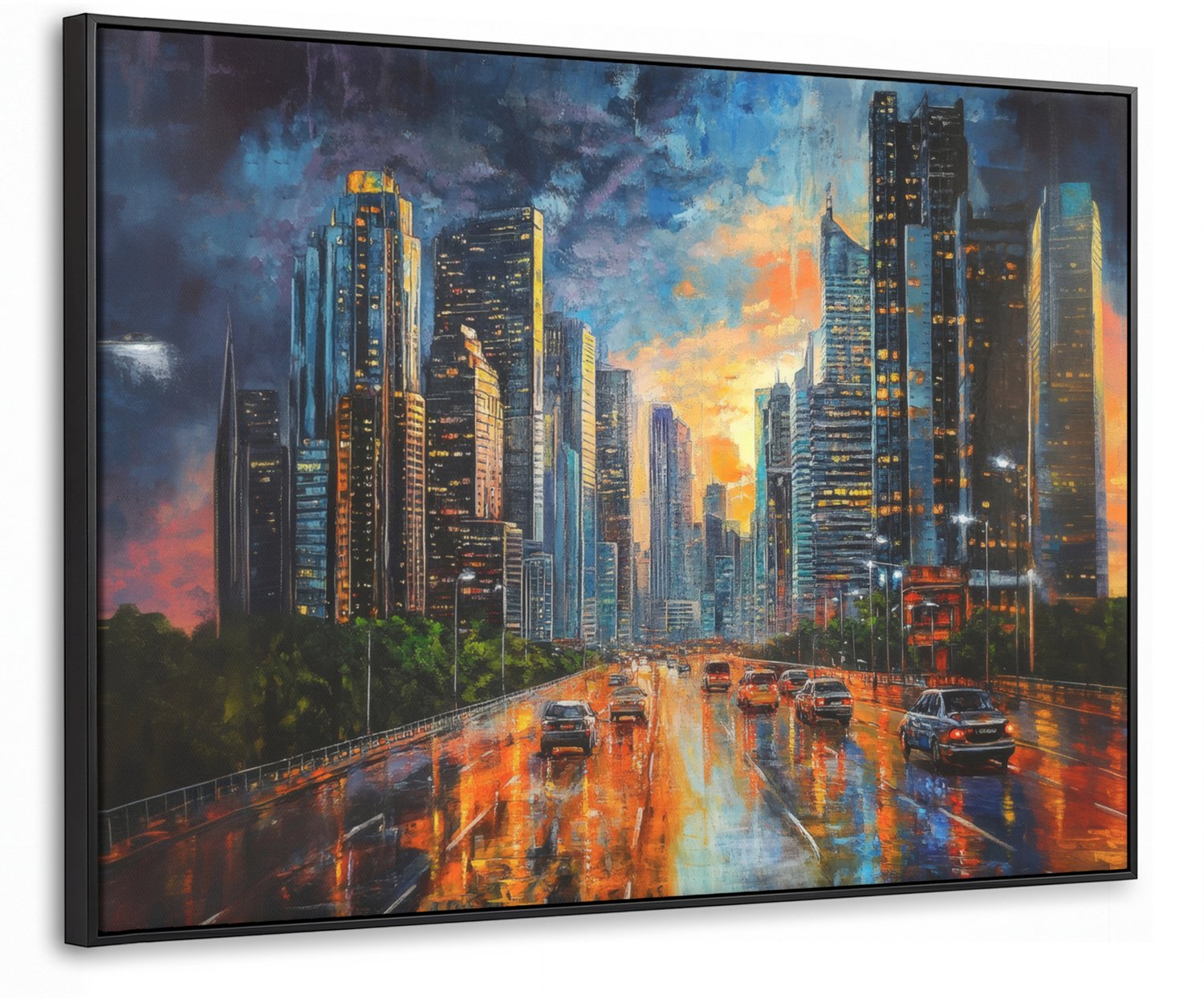 Canvas Schilderij met Baklijst 80x60cm - Auto - Skyline - Zon - Blauw - Muurdecoratie woonkamer - Slaapkamer decoratie - Kamer accessoires - Schilderijen op canvas met lijst