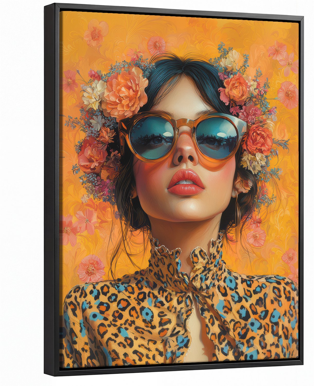Canvas Schilderij met Baklijst 30x40cm - Vrouw - Bloemen - Aesthetic - Oranje - Muurdecoratie woonkamer - Slaapkamer decoratie - Kamer accessoires - Schilderijen op canvas met lijst