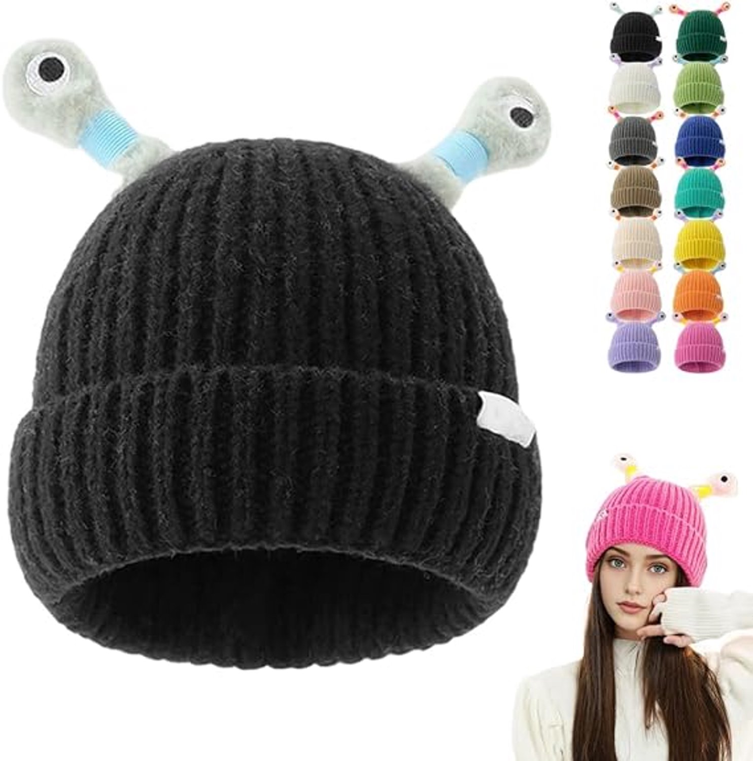 Lichtgevende monster muts nieuw model 2026 warm en ouderkind voor winter ouderkind cartoon breimuts voor ouder en kind – 1 stuk Zwart
