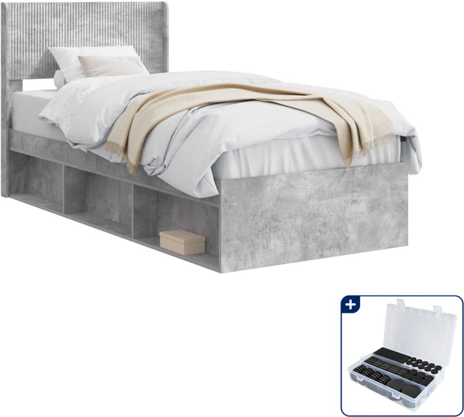 vidaXL bedframe met opbergruimte en hoofdbord - 90 x 190 cm - betongrijs - Inclusief antikrasvilt 177-delig