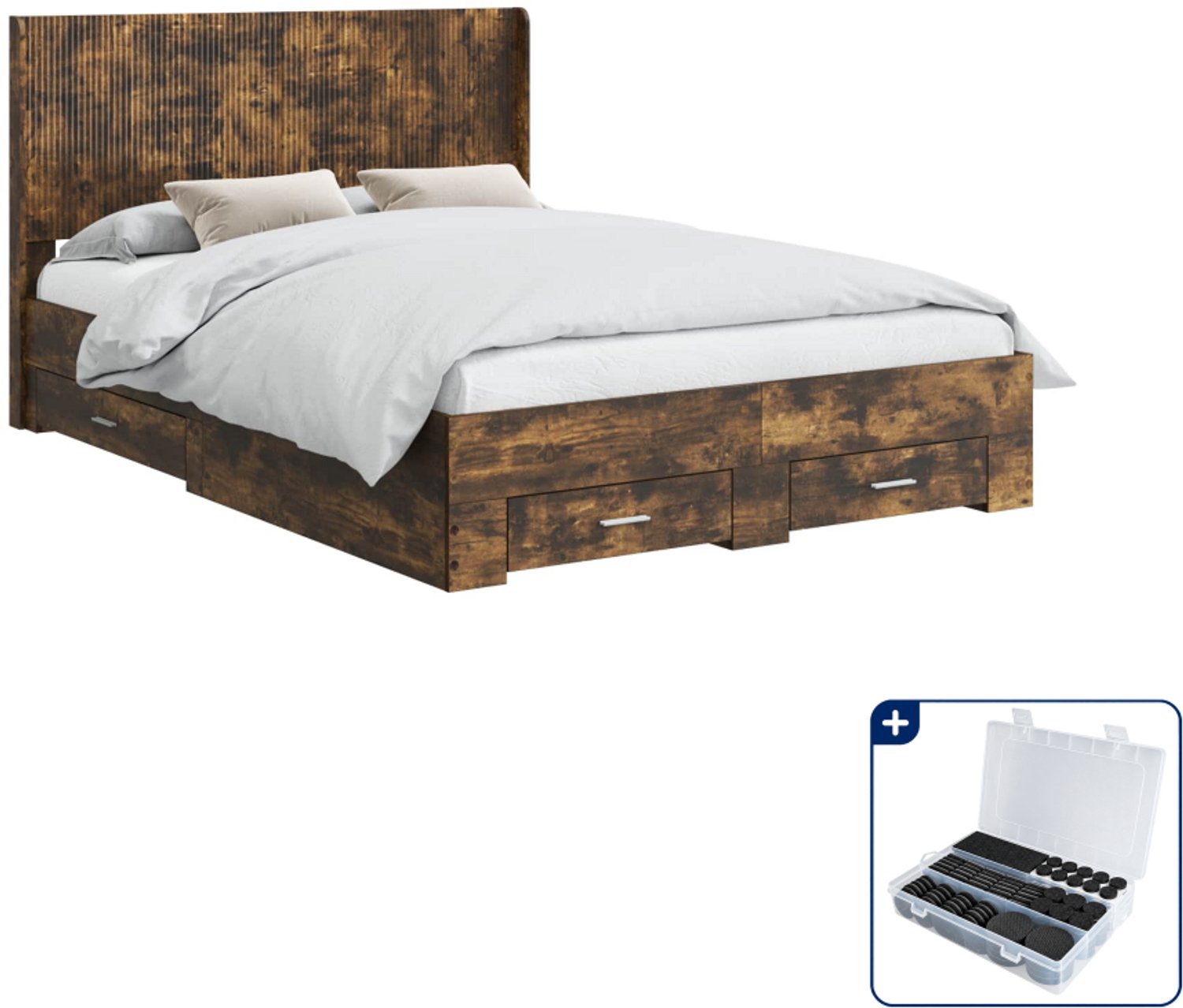 vidaXL bedframe met opbergruimte - 120 x 200 cm - bewerkt hout - gerookt eiken - Inclusief antikrasvilt 177-delig Bruin