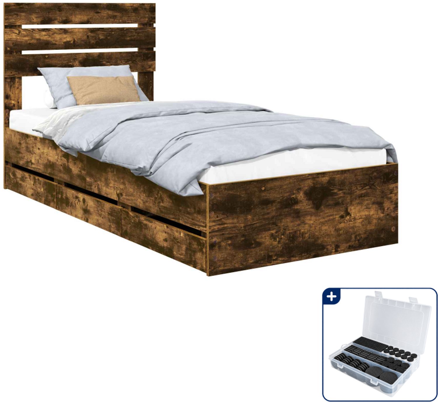 vidaXL Bedframe met lade - 100 x 200 cm - bewerkt hout - gerookt eiken - Inclusief antikrasvilt 177-delig Grijs