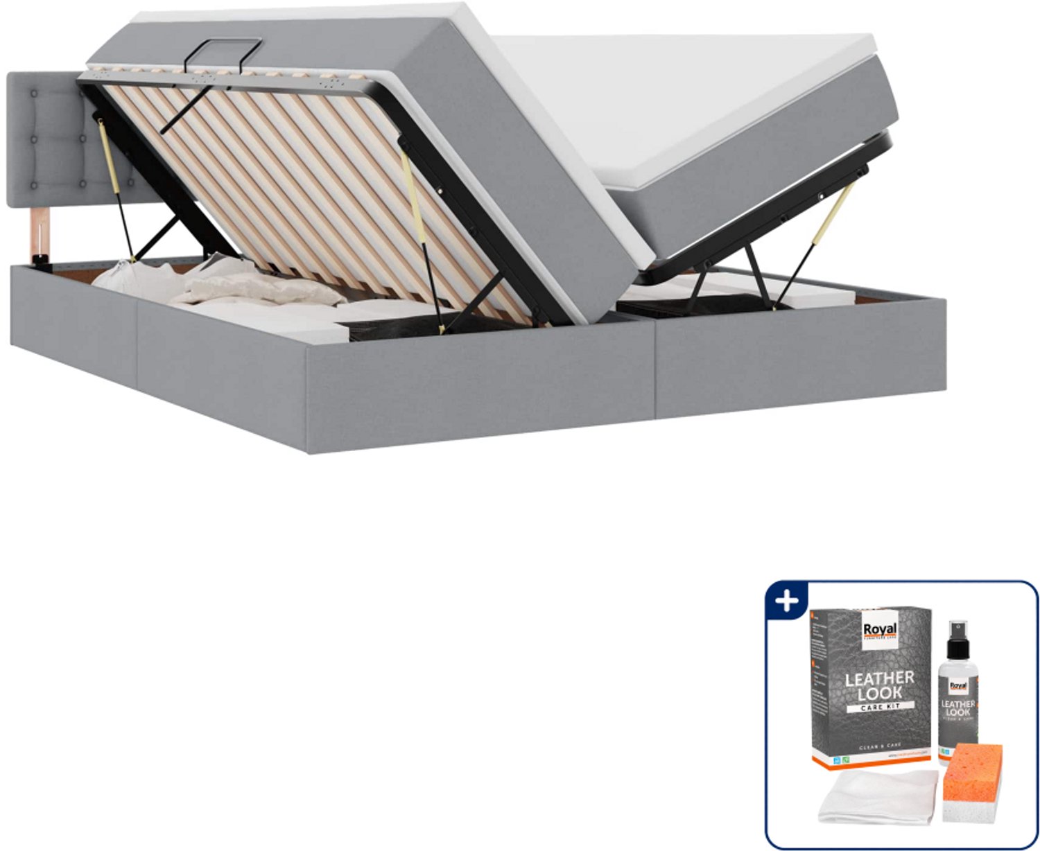 vidaXL opbergbed met matras - Super kingsize - kunstleer - lichtgrijs - Inclusief onderhoudsset voor kunstleer 150 ml