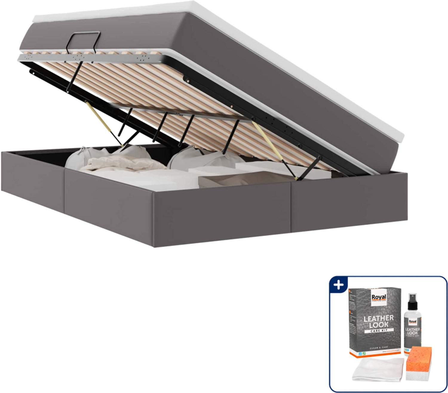 vidaXL opbergbed met matras - 140 x 190 cm - kunstleer - grijs - Inclusief onderhoudsset voor kunstleer 150 ml Blauw
