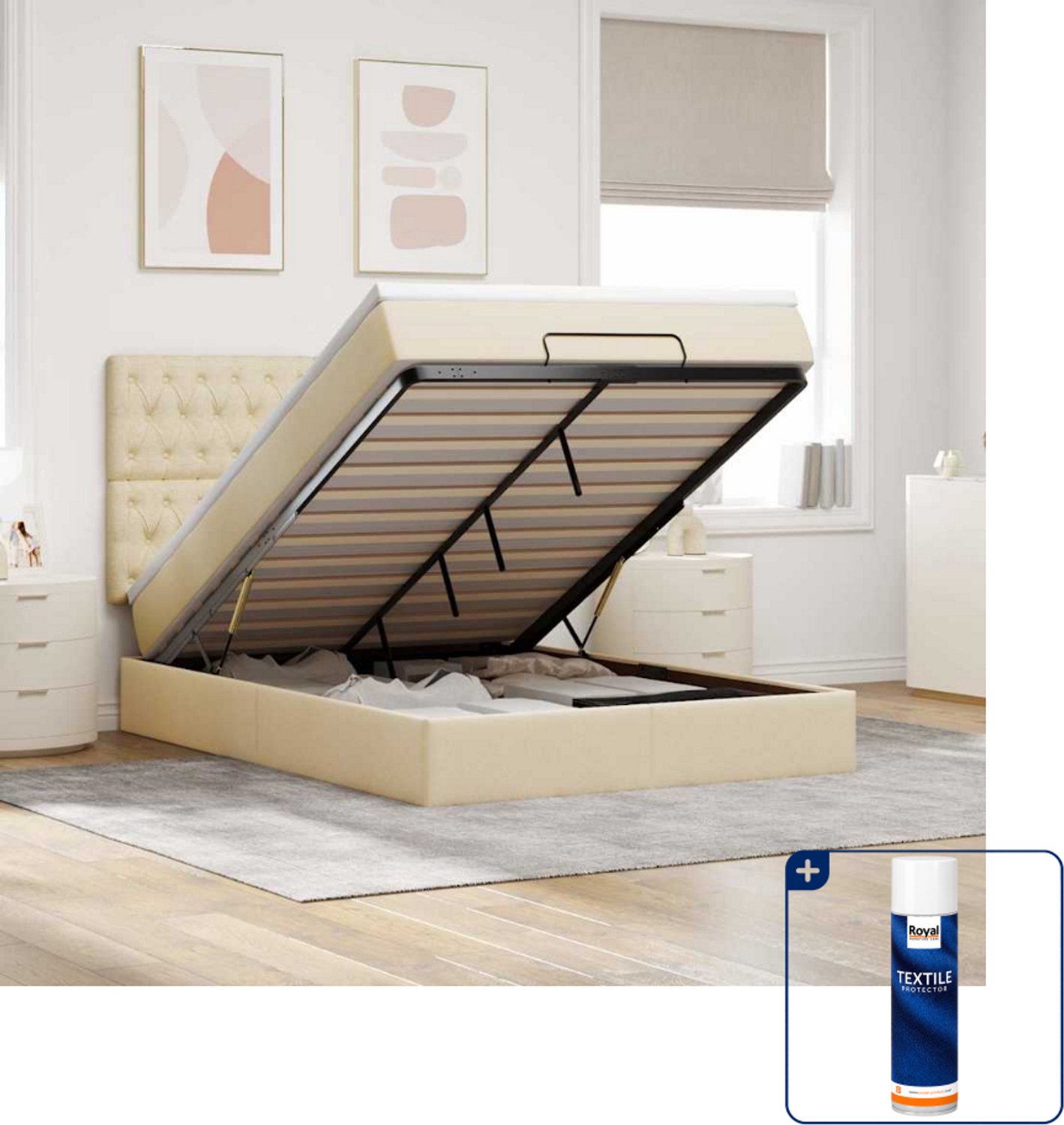 vidaXL ottoman bed - 140 x 190 cm - stof - crèmekleurig - Inclusief textielbeschermer 500 ml Zwart