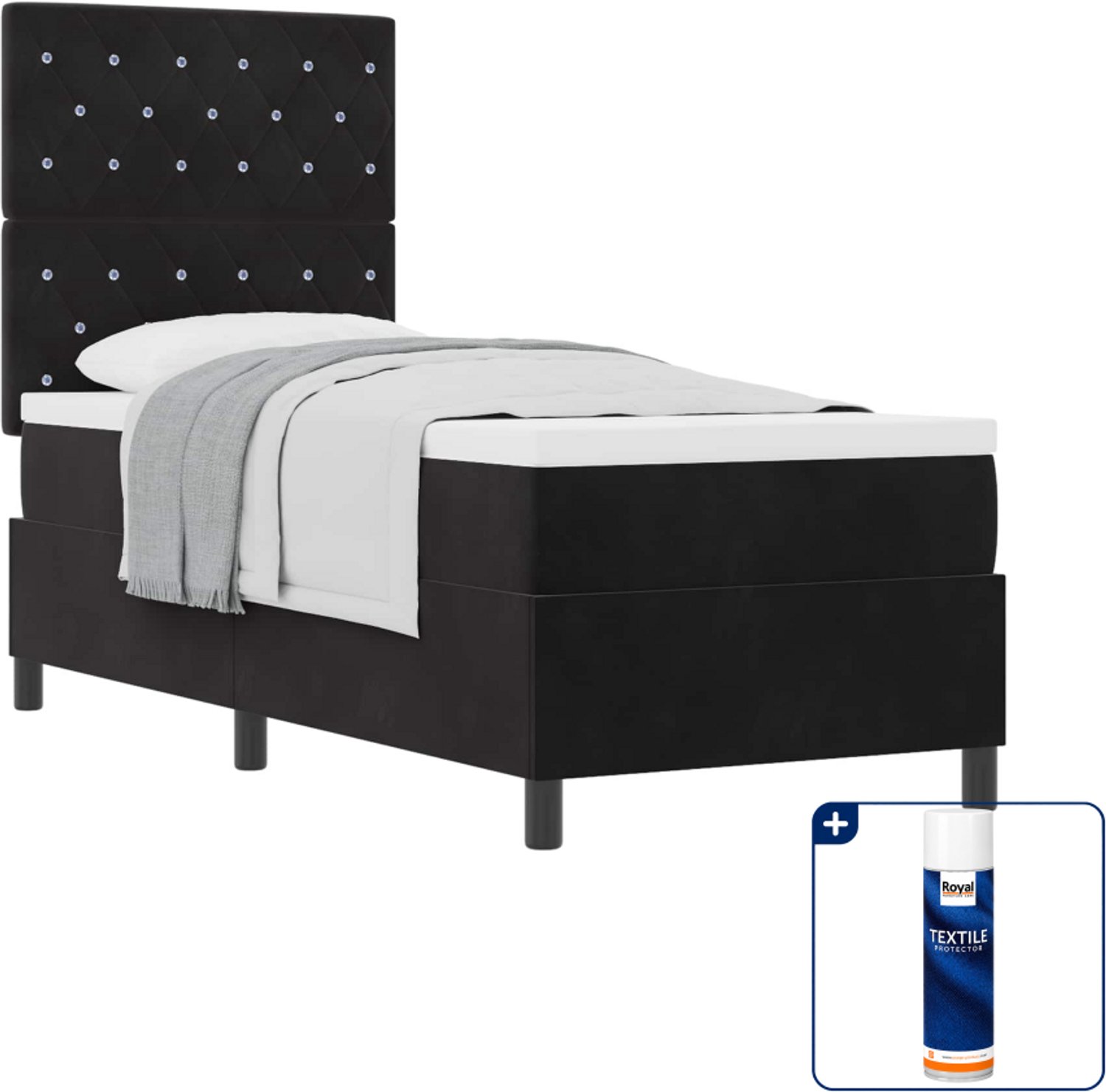 vidaXL boxspringbed met matras - 80 x 200 cm - fluweel - zwart - Inclusief textielbeschermer 500 ml