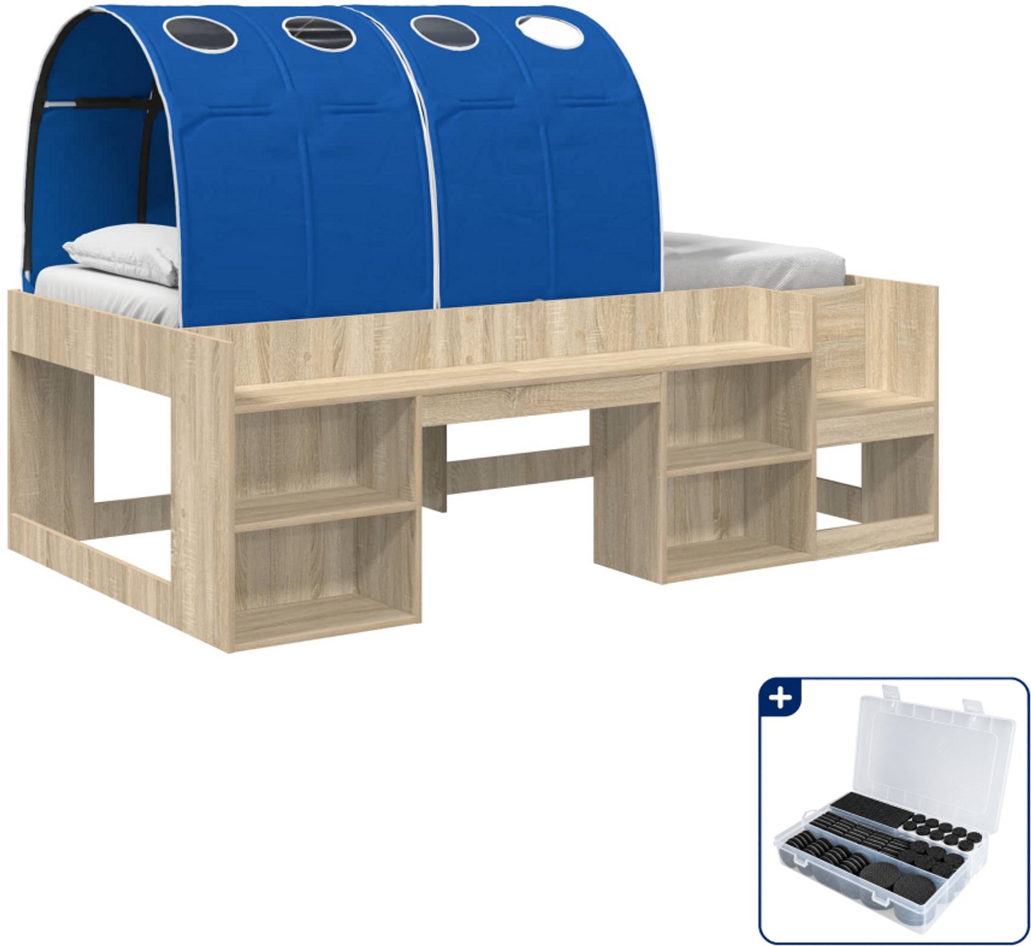 vidaXL loftbed met tunnel - 90 x 190 cm - bewerkt hout - blauw - Inclusief antikrasvilt 177-delig Bruin