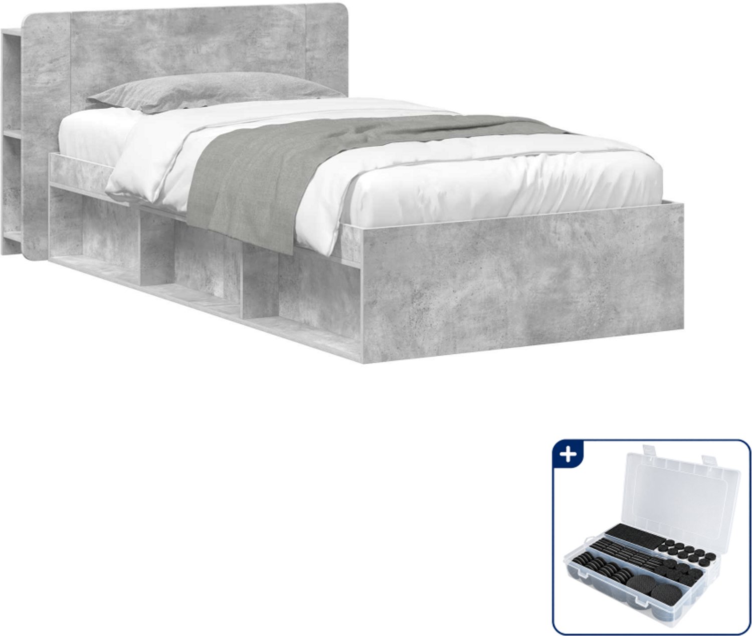 vidaXL bedframe met opbergruimte - 100 x 200 cm - bewerkt hout - betongrijs - Inclusief antikrasvilt 177-delig