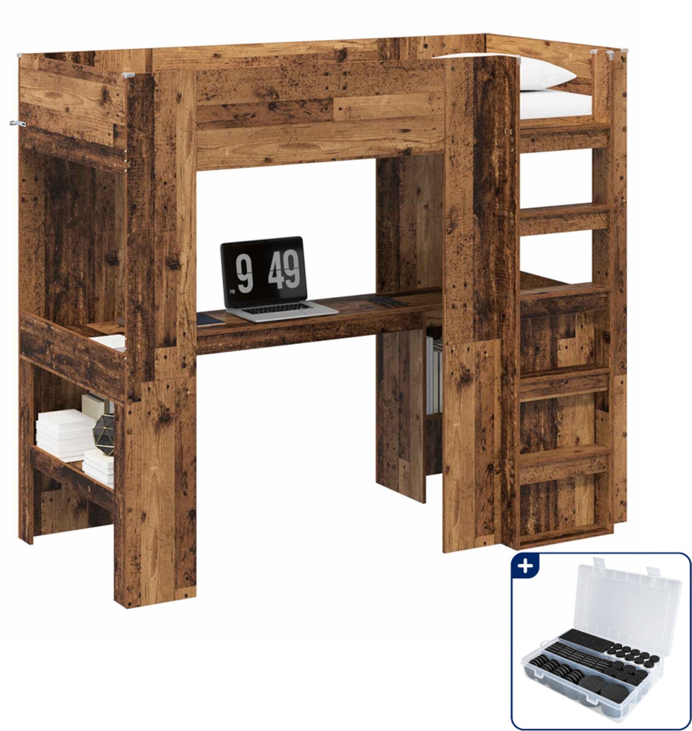 vidaXL loftbed met bureau - 90 x 200 cm - bewerkt hout - oudhout - Inclusief antikrasvilt 177-delig Bruin