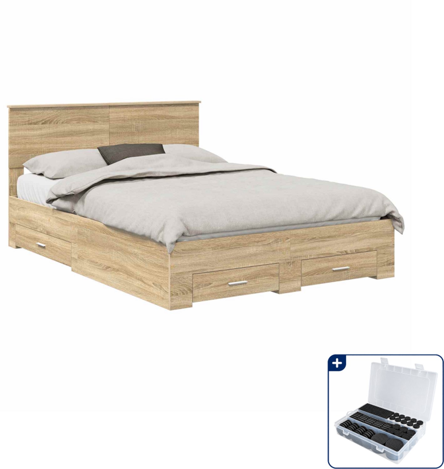 vidaXL bedframe met lade - 140 x 190 cm - bewerkt hout - sonoma eiken - Inclusief antikrasvilt 177-delig Grijs