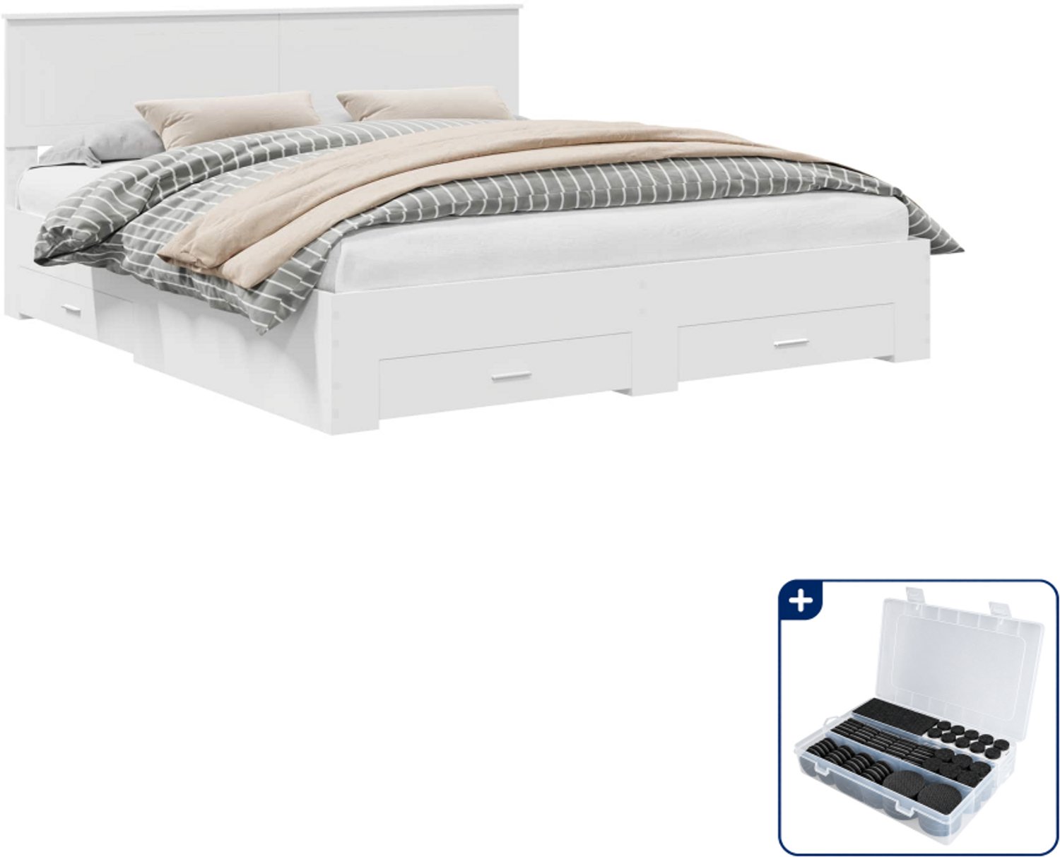 vidaXL Kingsize bedframe met lades - 180 x 200 cm - wit - Inclusief antikrasvilt 177-delig