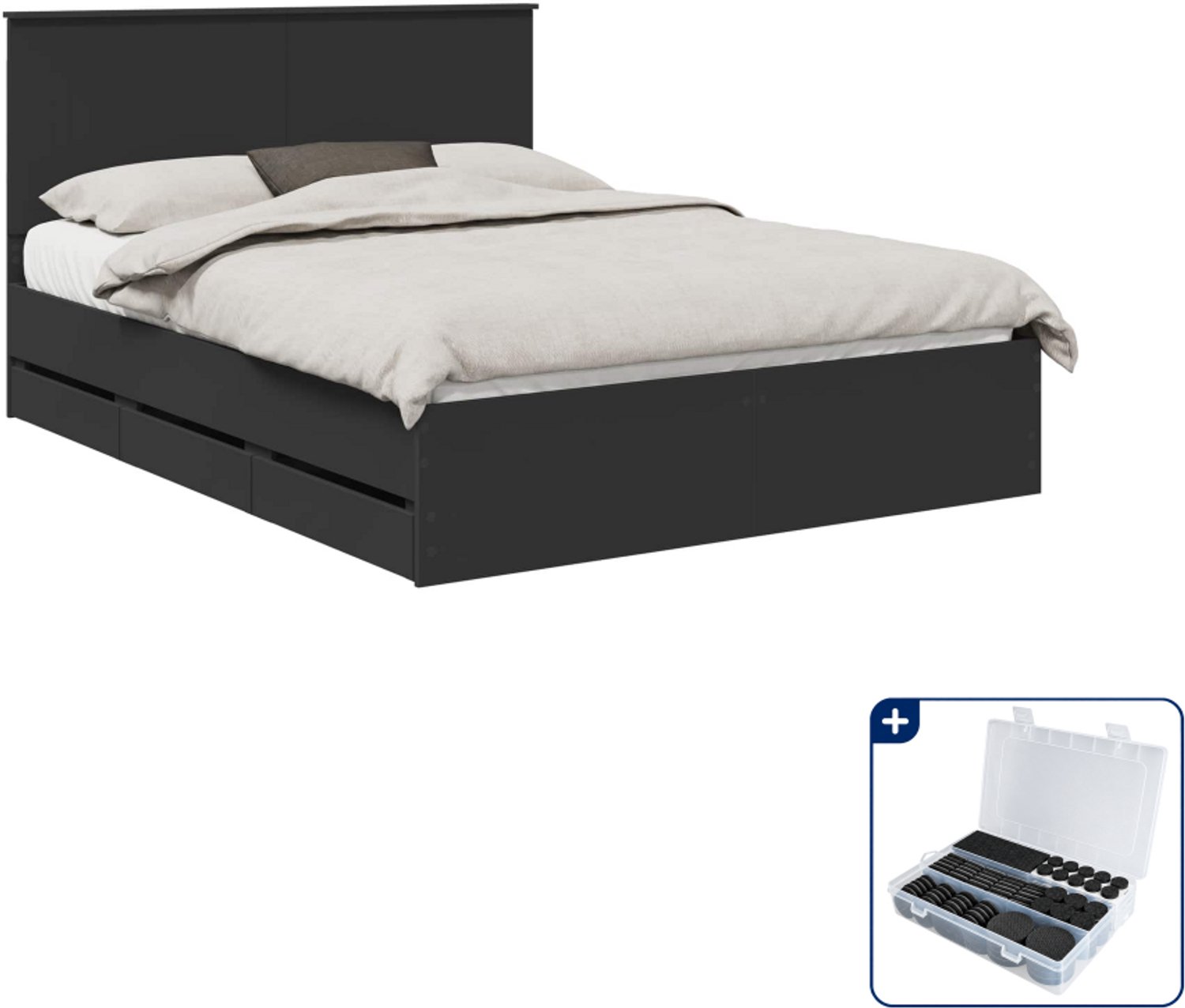 vidaXL bedframe - 150 x 200 cm - bewerkt hout - zwart - Inclusief antikrasvilt 177-delig Grijs