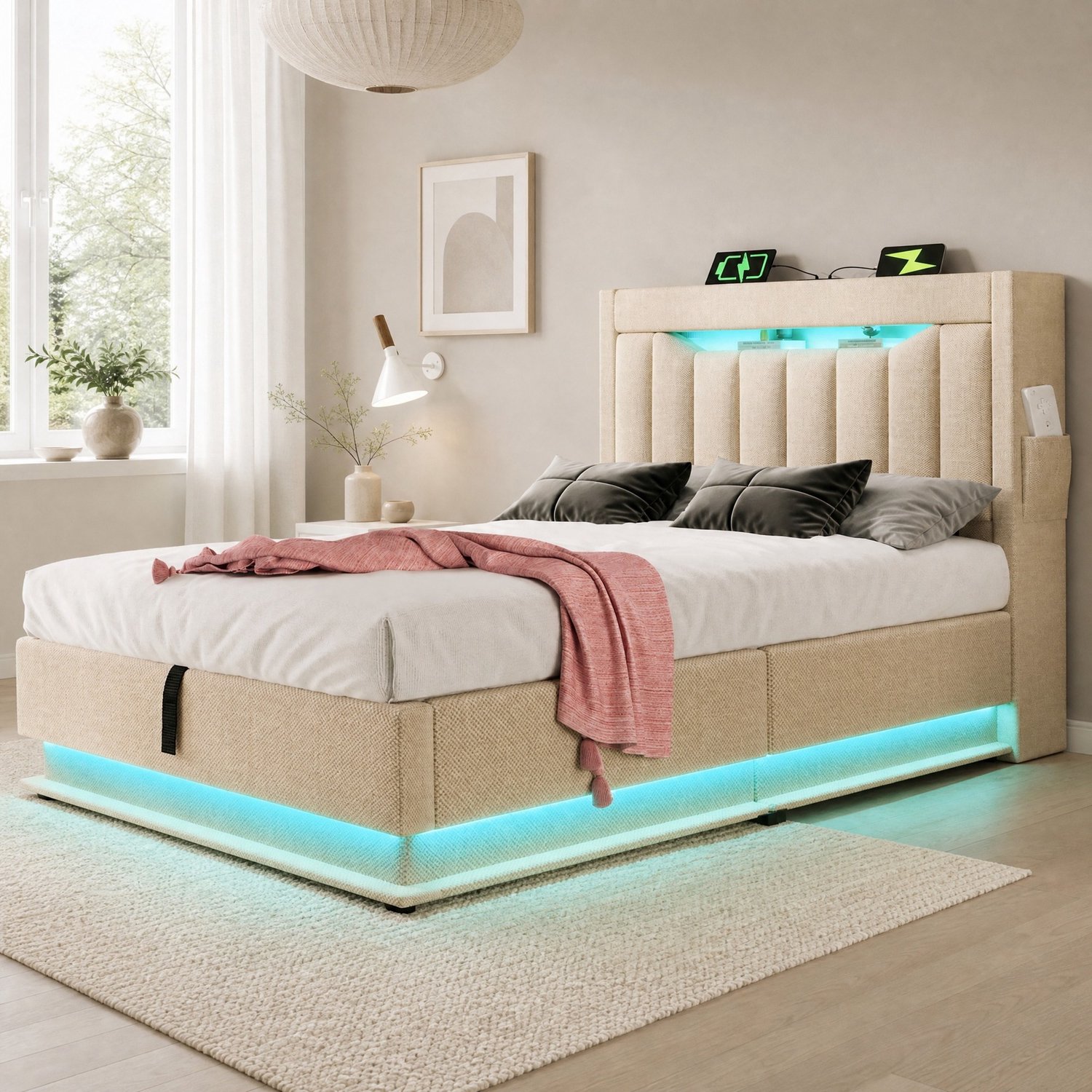 Maisentiel Gestoffeerd eenpersoonsbed 90 x 200 cm - Opbergruimte, LED en USB-C - Beige