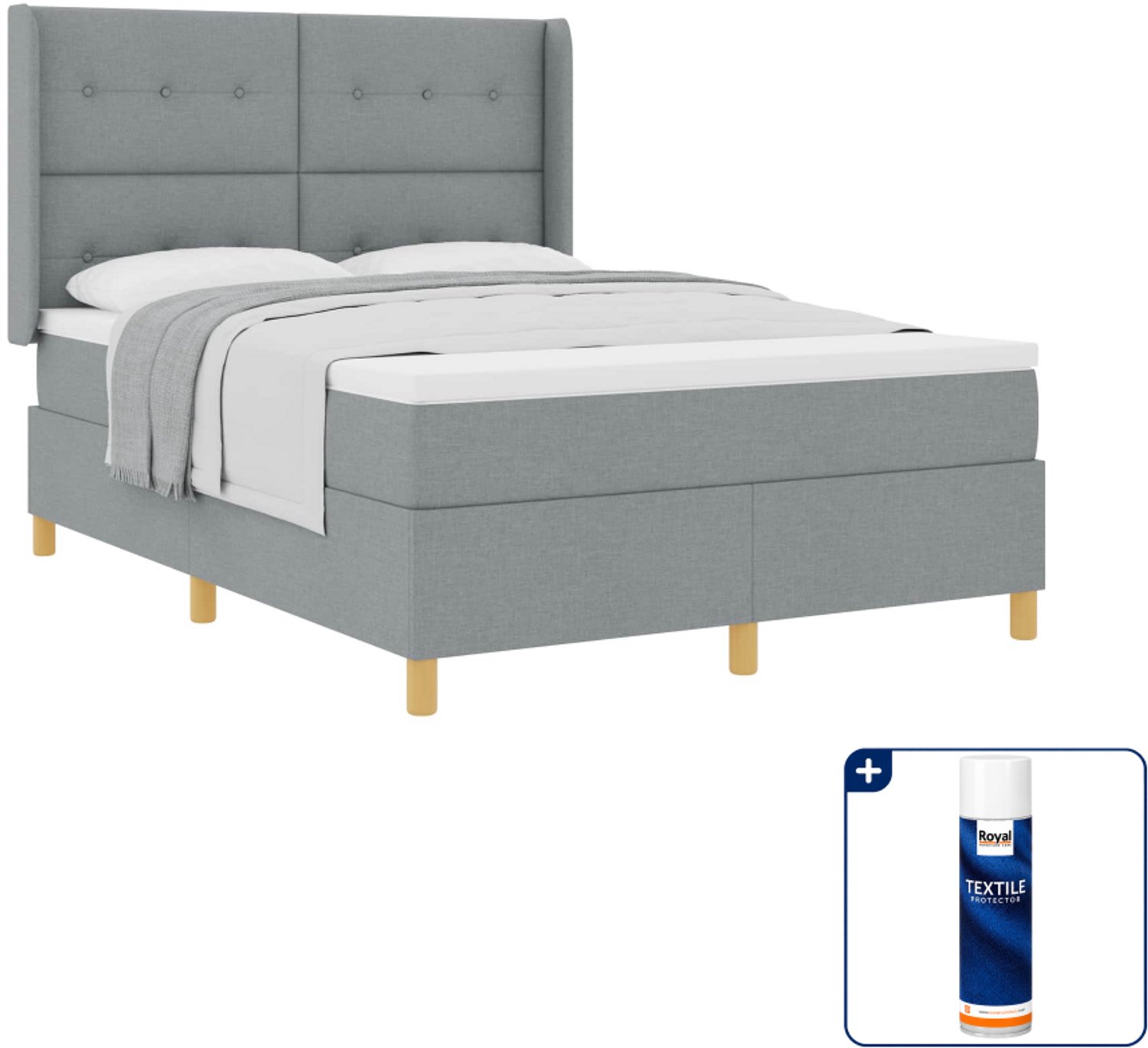 vidaXL boxspringbed - 140 x 190 cm - stof - lichtgrijs - Inclusief textielbeschermer 500 ml