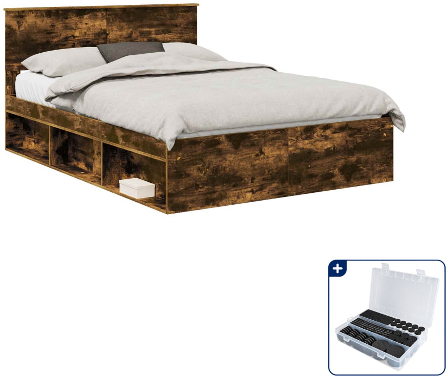 vidaXL Bedframe met hoofdeinde - 140 x 190 cm - bewerkt hout - gerookt eiken - Inclusief antikrasvilt 177-delig Grijs