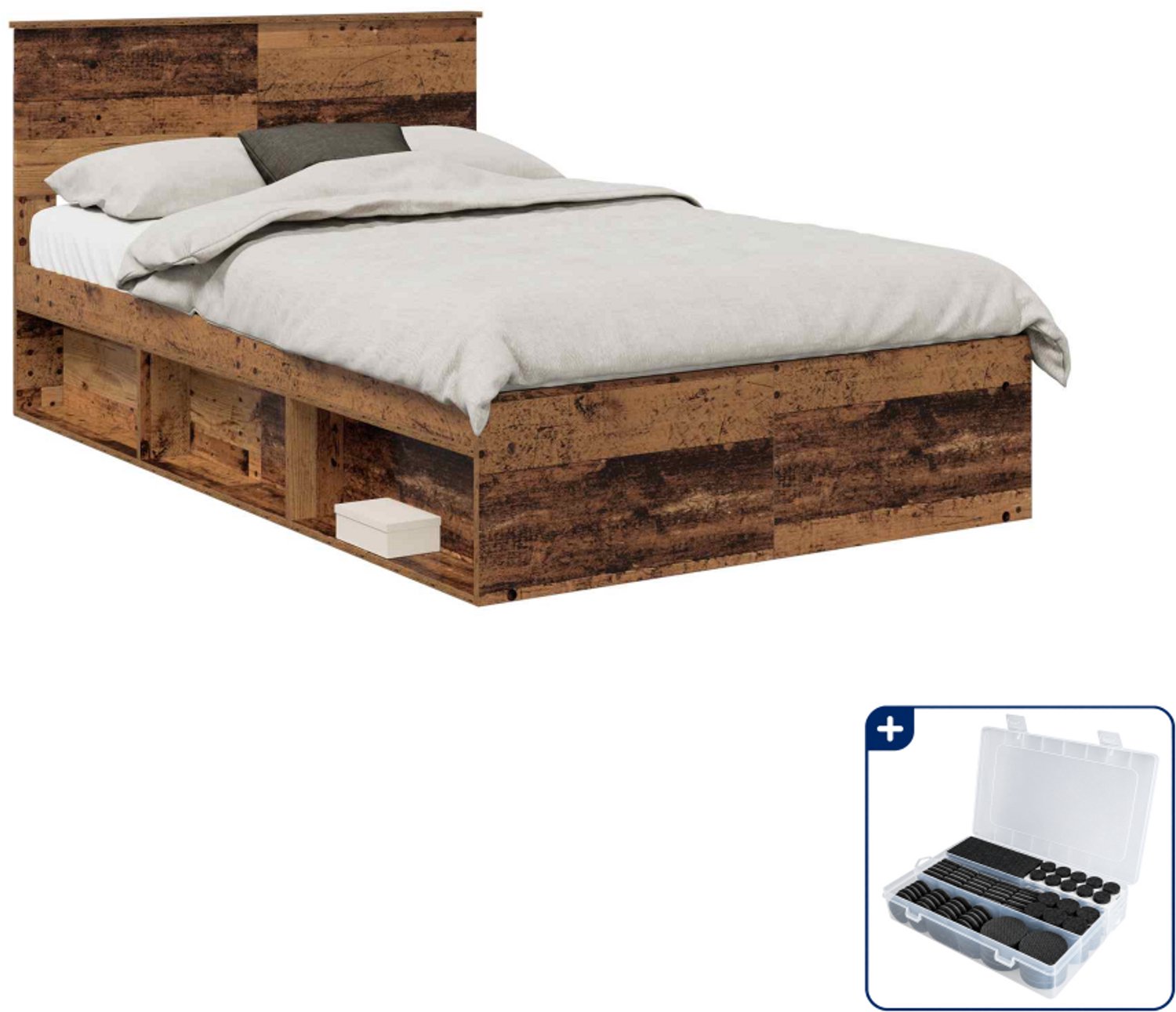 vidaXL bedframe met hoofdeinde - 120 x 200 cm - bewerkt hout - oudhout - Inclusief antikrasvilt 177-delig Bruin