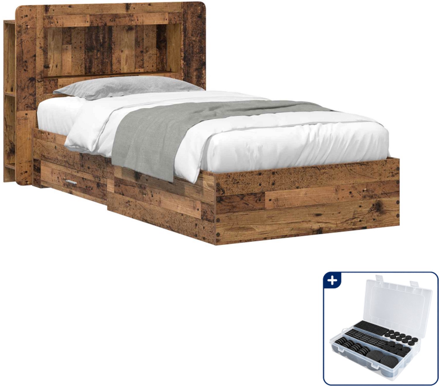 vidaXL bedframe met opslag - 80 x 200 cm - bewerkt hout - oud hout - Inclusief antikrasvilt 177-delig Bruin