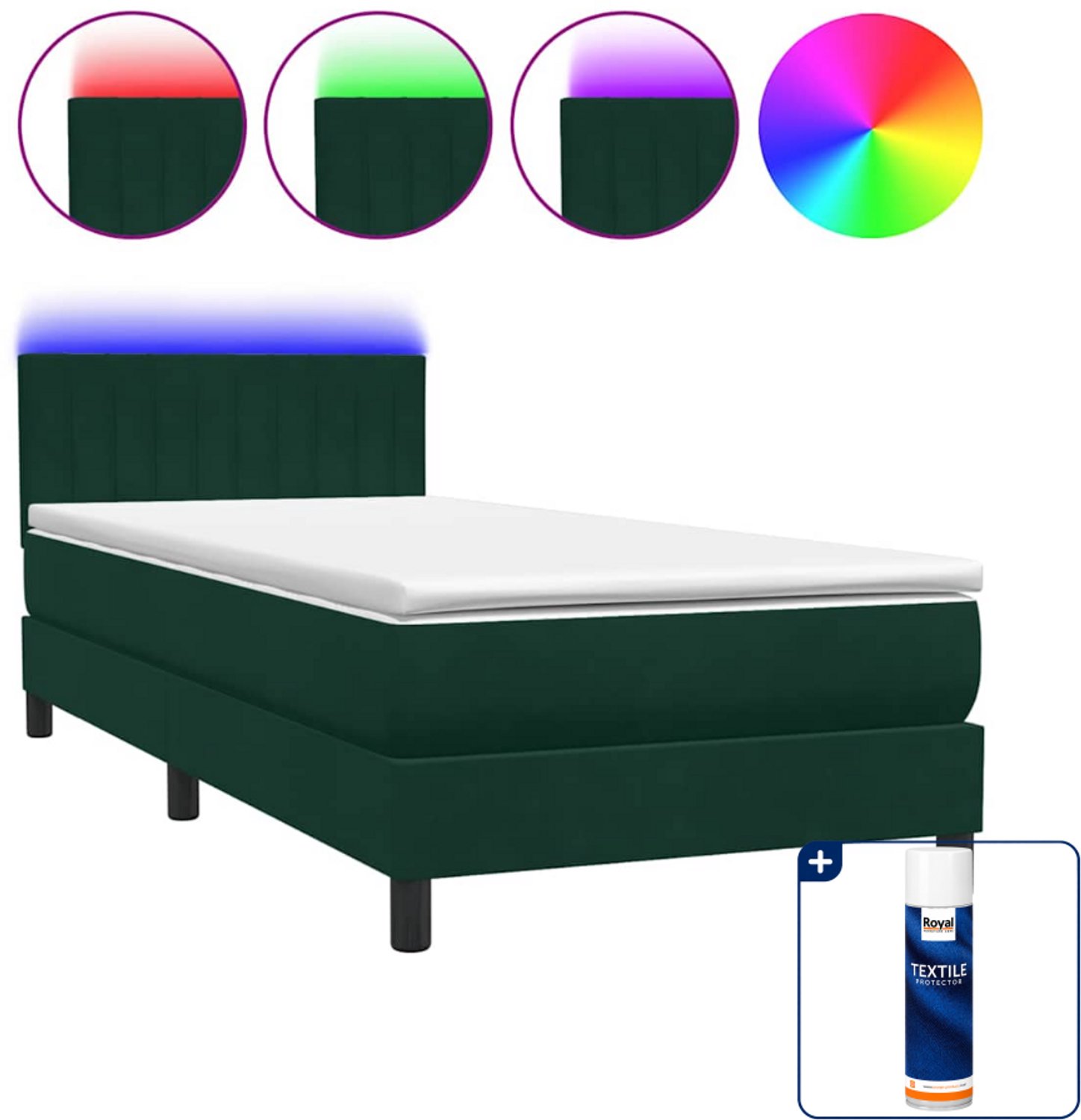 vidaXL boxspring met matras en led - 80 x 220 cm - fluweel - donkergroen - Inclusief textielbeschermer 500 ml Wit