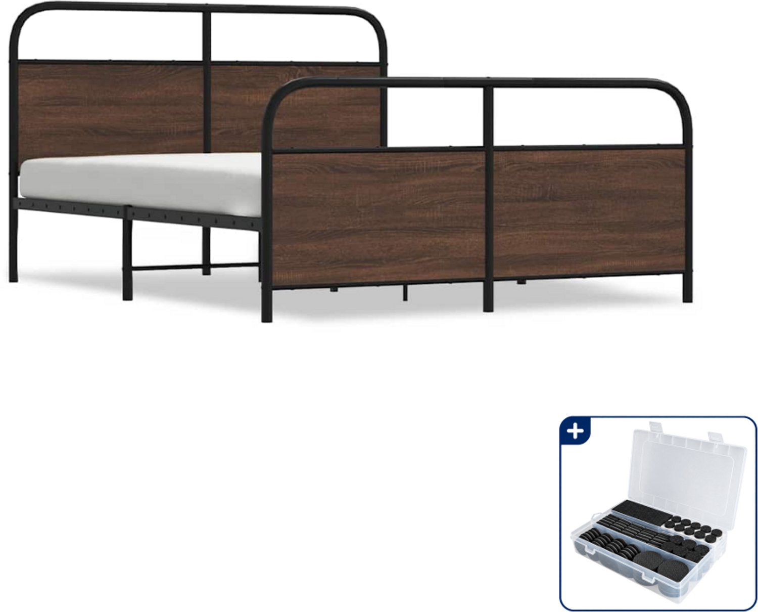 vidaXL bedframe - 150 x 200 cm - staal en bewerkt hout - bruineiken - Inclusief antikrasvilt 177-delig Zwart