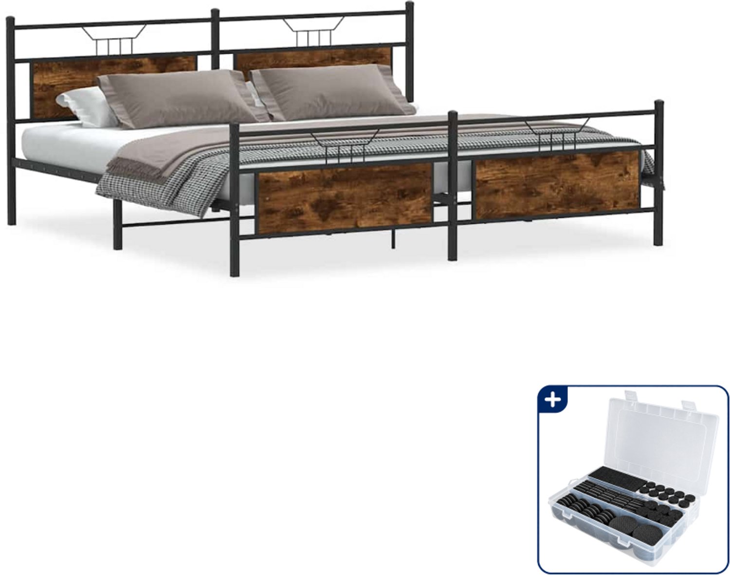 vidaXL bedframe - 193 x 203 cm - staal en bewerkt hout - gerookt eiken - Inclusief antikrasvilt 177-delig Zwart