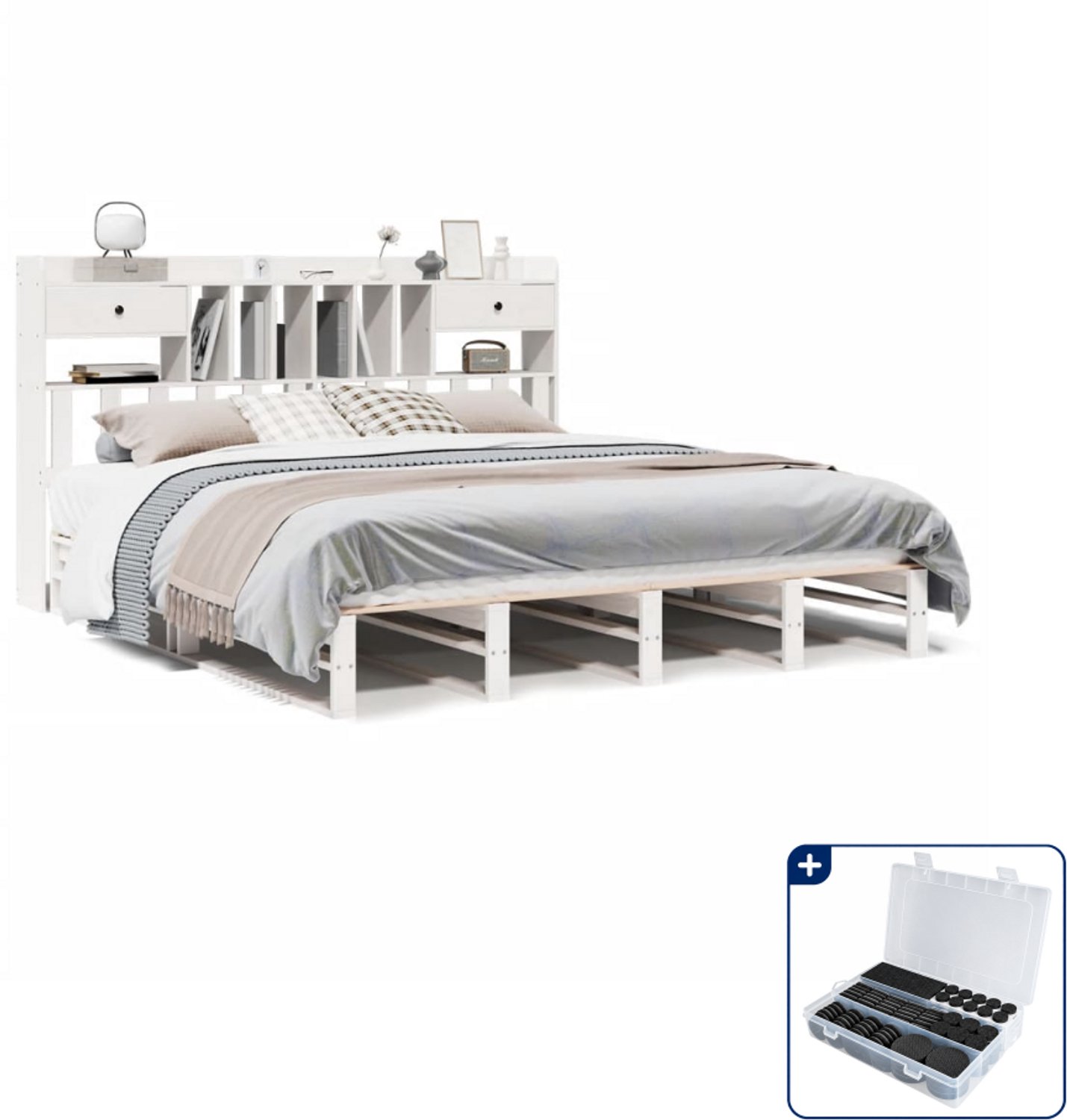 vidaXL Kingsize bed met boekenkast - 180 x 200 cm - wit - Inclusief antikrasvilt 177-delig