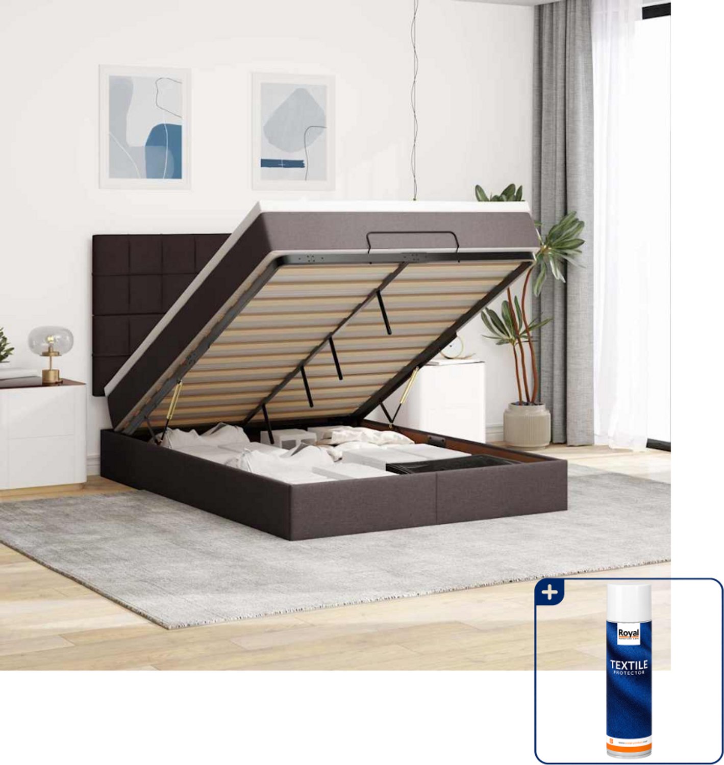 vidaXL ottoman bed met matras - 140 x 190 cm - donkerbruin - Inclusief textielbeschermer 500 ml Grijs