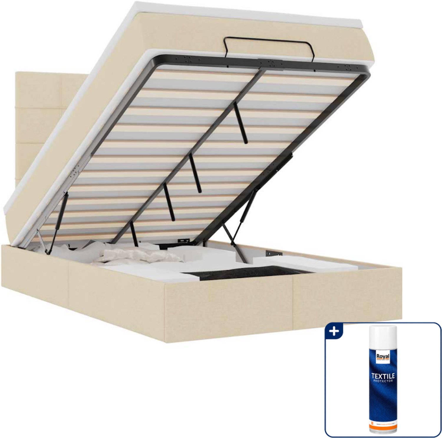 vidaXL ottoman bed met matras - 120 x 190 cm - stof - crèmekleurig - Inclusief textielbeschermer 500 ml Grijs
