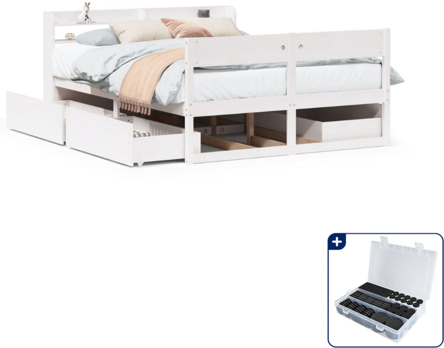 vidaXL Bedframe - 140 x 190 cm - massief grenenhout - wit - Inclusief antikrasvilt 177-delig