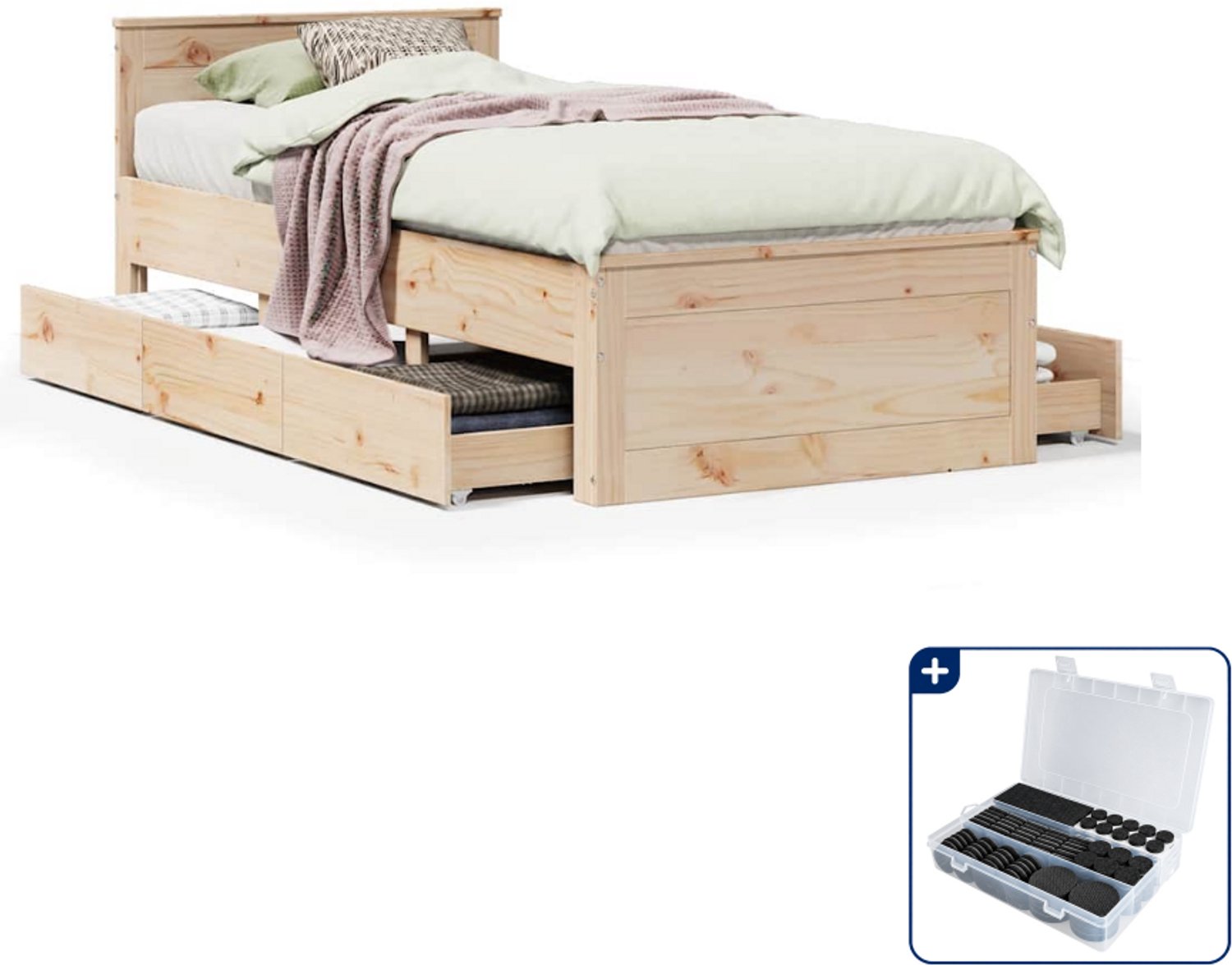 vidaXL bedframe met hoofdbord - 75 x 190 cm - massief grenenhout - Inclusief antikrasvilt 177-delig Bruin