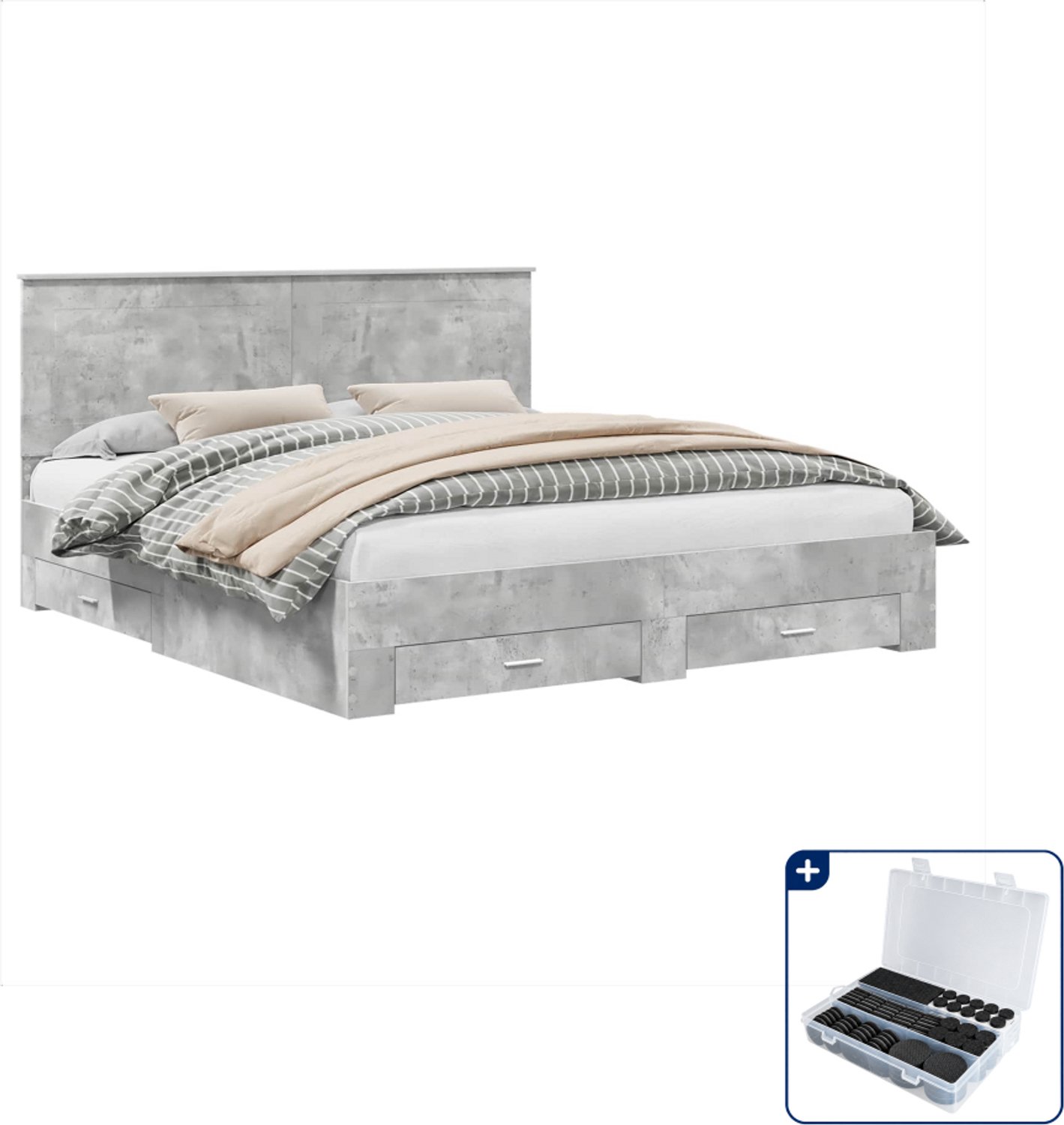 vidaXL Bedframe met lade - Kingsize - 180 x 200 cm - beton grijs - Inclusief antikrasvilt 177-delig Wit