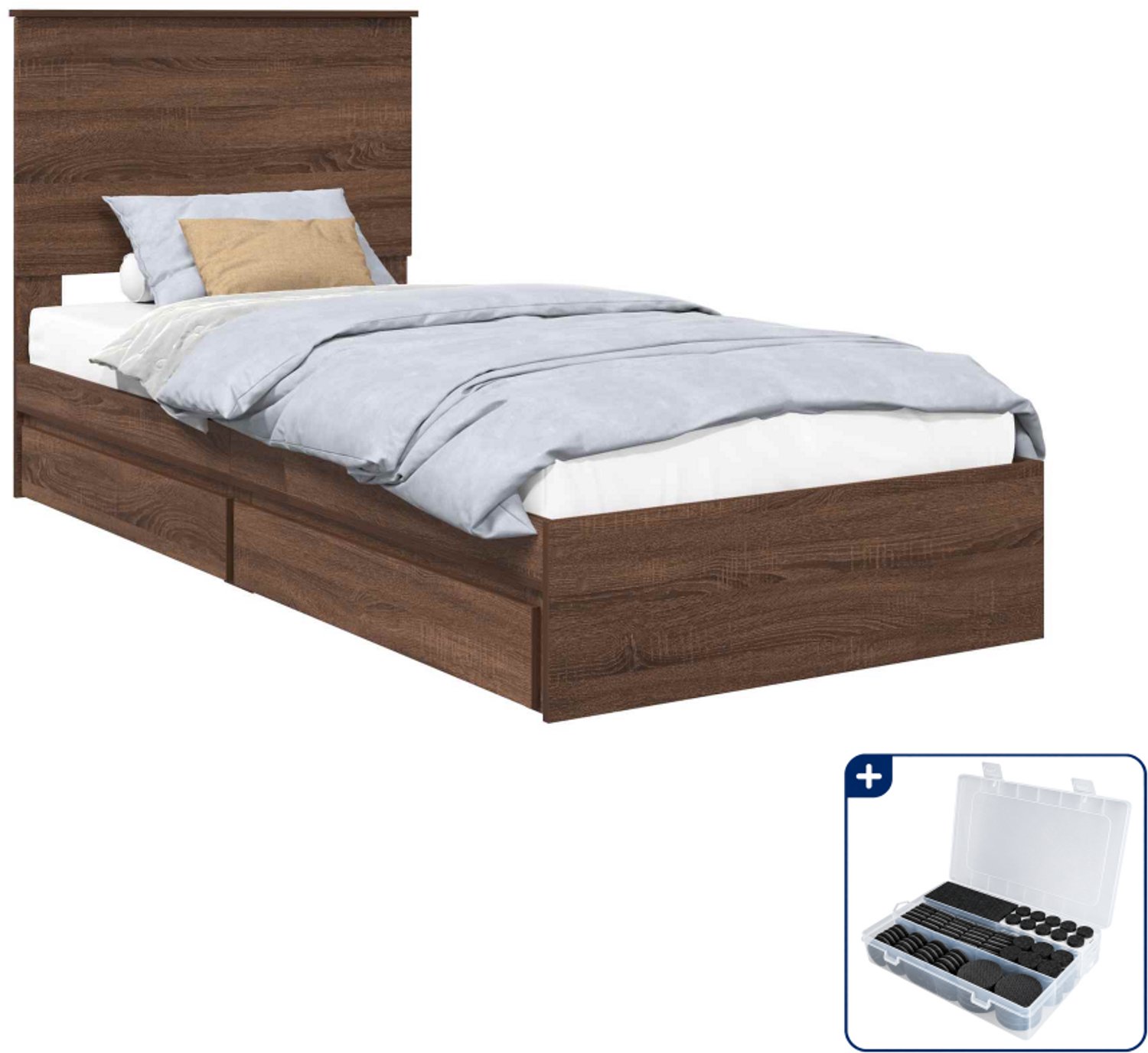 vidaXL bedframe - 75 x 190 cm - bewerkt hout - bruin eiken - Inclusief antikrasvilt 177-delig Grijs