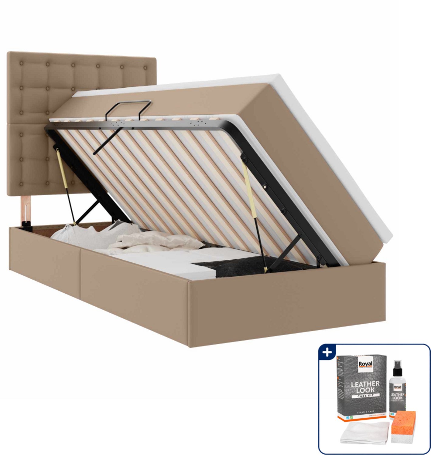vidaXL opbergbed - 90 x 200 cm - kunstleer - cappuccino - Inclusief onderhoudsset voor kunstleer 150 ml Zwart