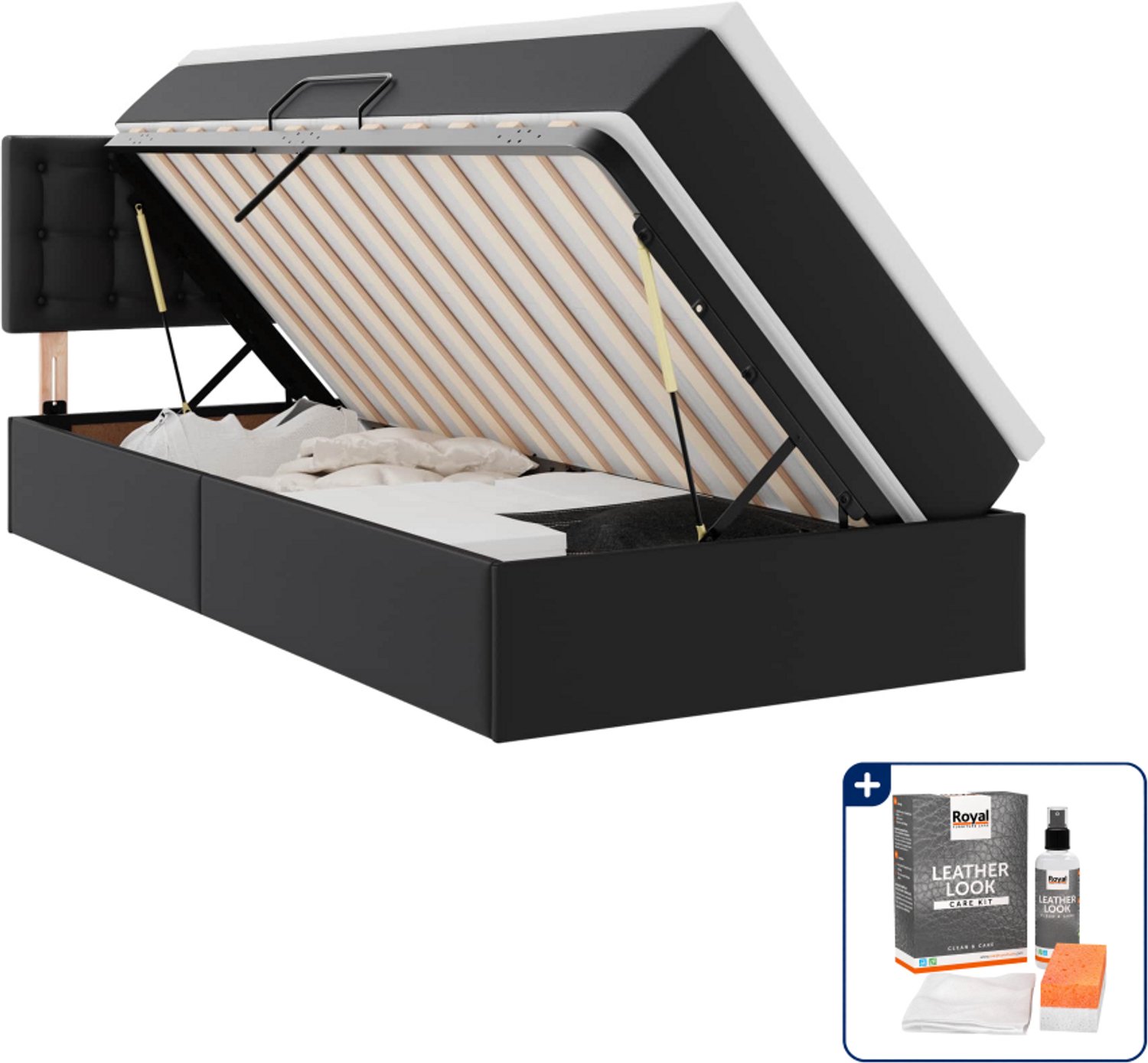 vidaXL opbergbed met led - 90 x 190 cm - kunstleer - zwart - Inclusief onderhoudsset voor kunstleer 150 ml