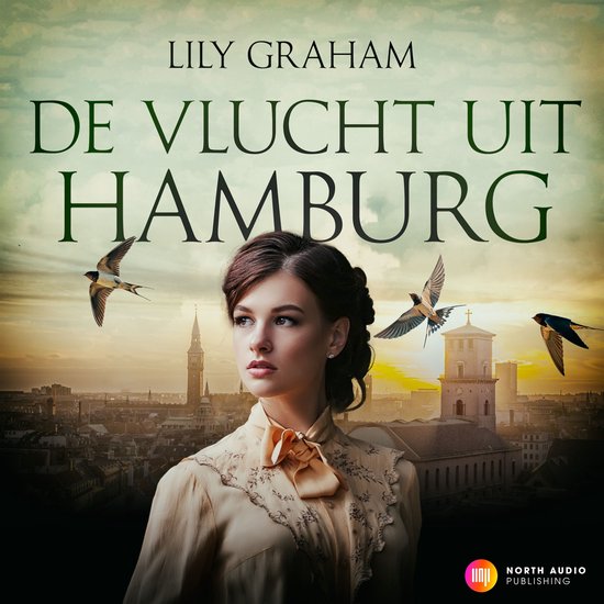 Boekomslag: jonge vrouw in vintage blouse voor een zonsondergang in Hamburg met vliegende zwaluwen, titel De vlucht uit Hamburg.