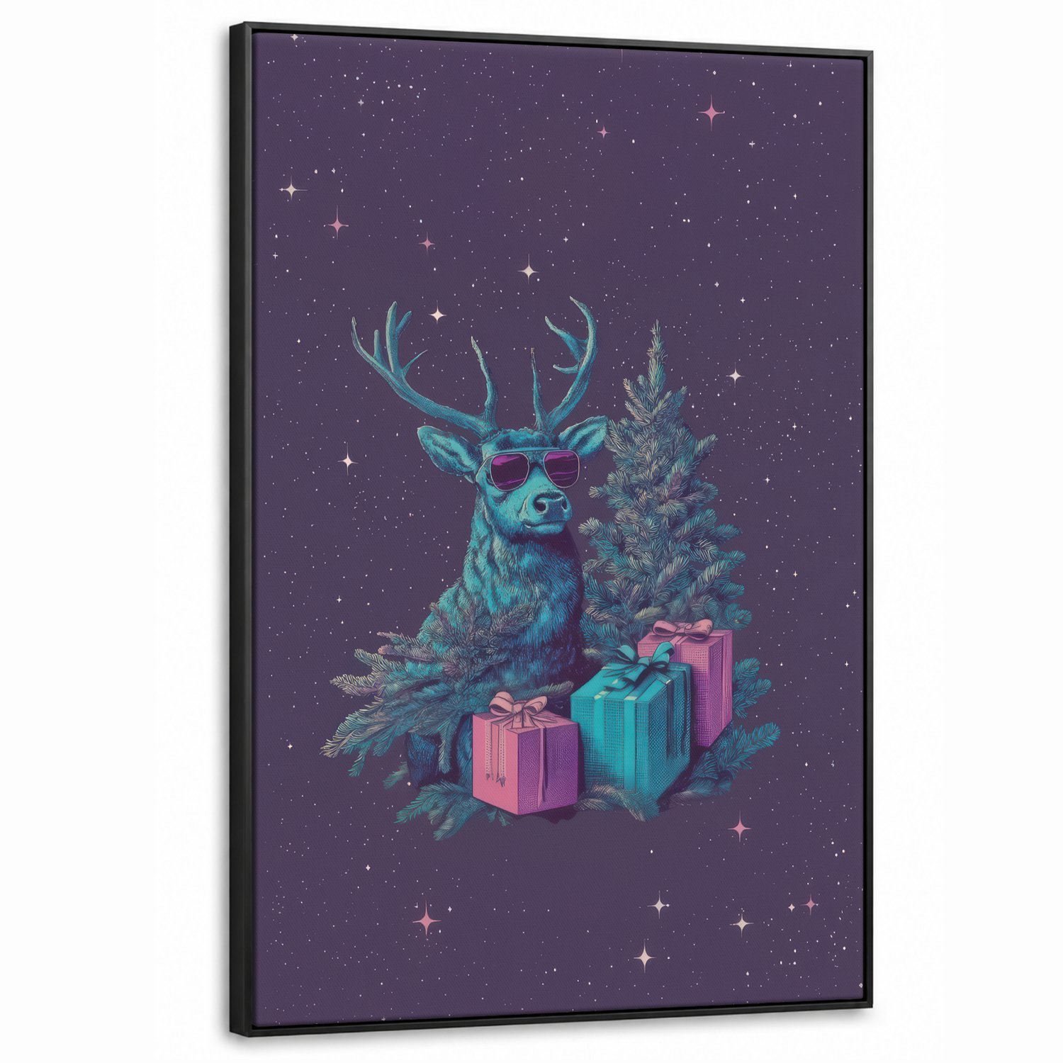 Canvas Schilderij met Baklijst XXL Canvas Schilderij met Baklijst 100x150cm - Rendier - Zonnebril - Neon - Kerstboom - Muurdecoratie woonkamer - Slaapkamer decoratie - Kamer accessoires - Schilderijen op canvas met lijst groot