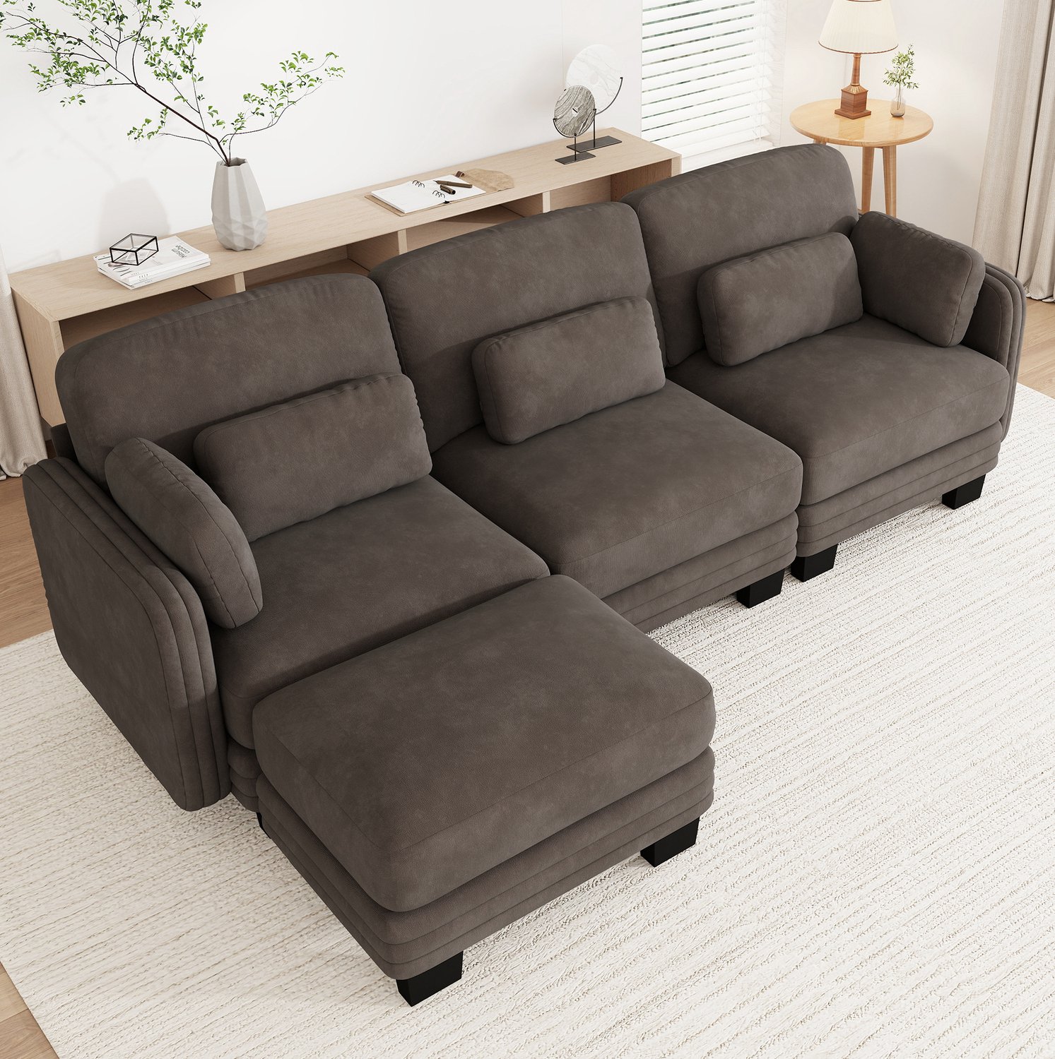 OKWISH Hoekbank 253 x 143 x 88 cm - Modulaire 3-Zitsbank met Hocker en Lendenkussens - voor Woonkamer en Appartement - Chenille - Bruin Grijs