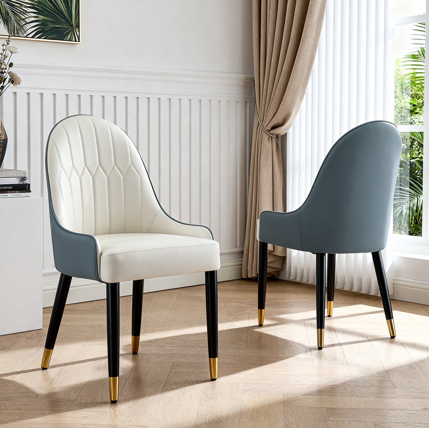 OKWISH Eetkamerstoel 43 x 44 x 91 cm - Set van 2 met Armleuningen en Zachte Zitting - voor Eetkamer en Keuken - Kunstleer - Wit en Blauw