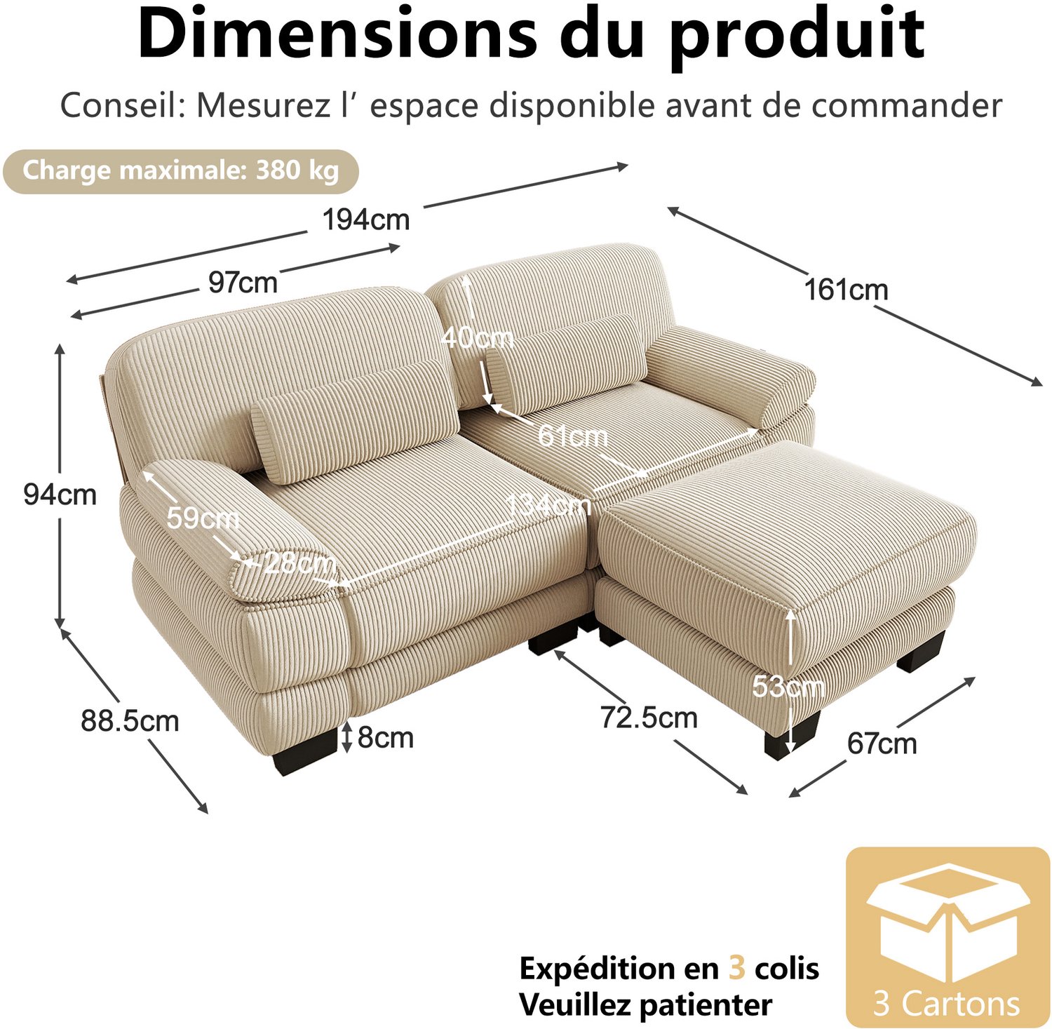DESMIU Hoekbank 336 x 161 x 94 cm - 4-zits Modulaire Bank met Hocker - Flexibel in L- of U-vorm - Voor Woonkamer - Ribfluweel - Beige