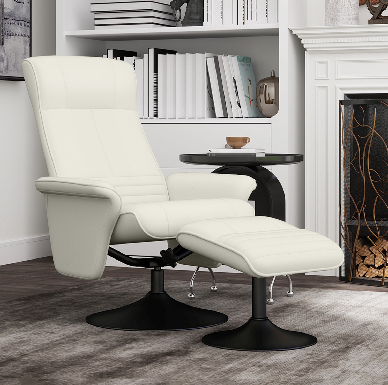 STILVORA Relaxfauteuil 71 x 69 x 104 cm - Draaibaar en Verstelbaar - Met Hocker voor Woonkamer en Slaapkamer - Polyester - Crèmewit