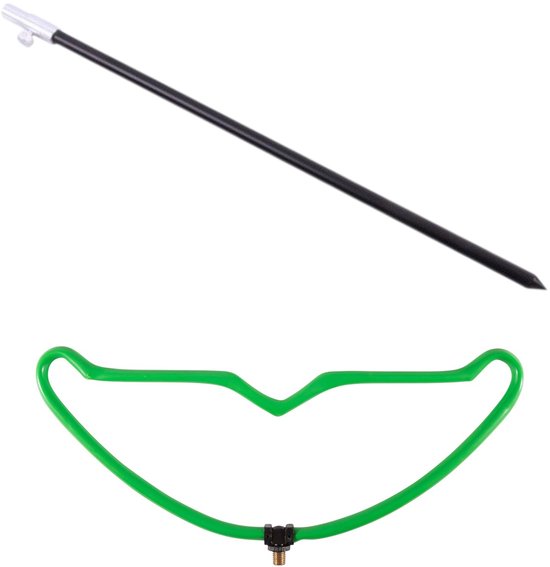 Zwarte bankstick met zilveren top en felgroene, V-vormige hengelsteun met schroefdraad.