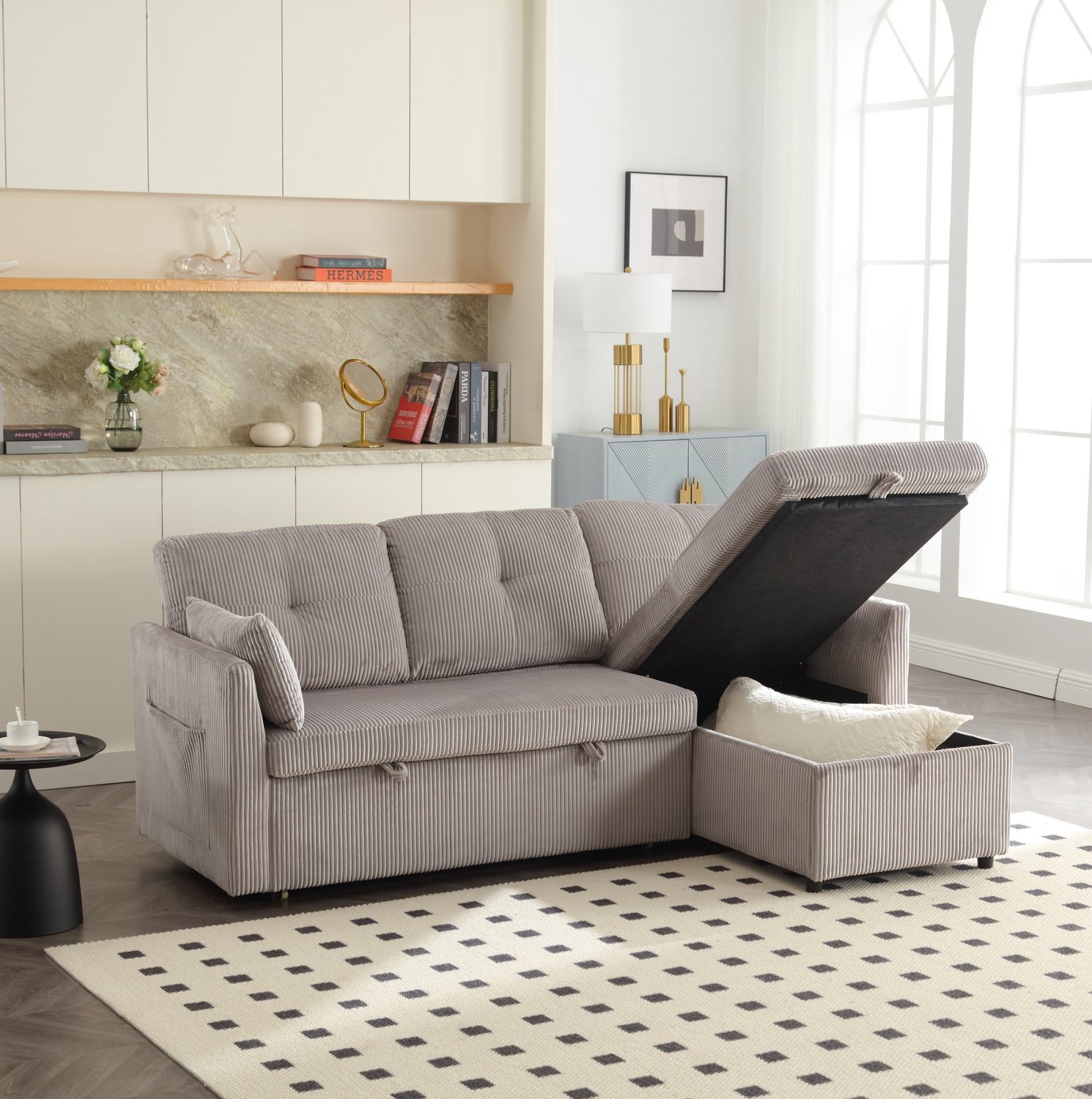 MODENUIT Slaapbank 206 x 108 x 66 cm - Uitschuifbaar Bed en Opbergruimte - Woonkamer - Ribfluweel - Lichtgrijs