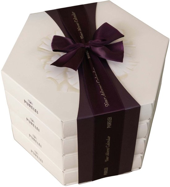 Zeshoekige witte Purelei adventskalender met een donkerpaars lint en strik, met de tekst 'Your Advent Calendar'.