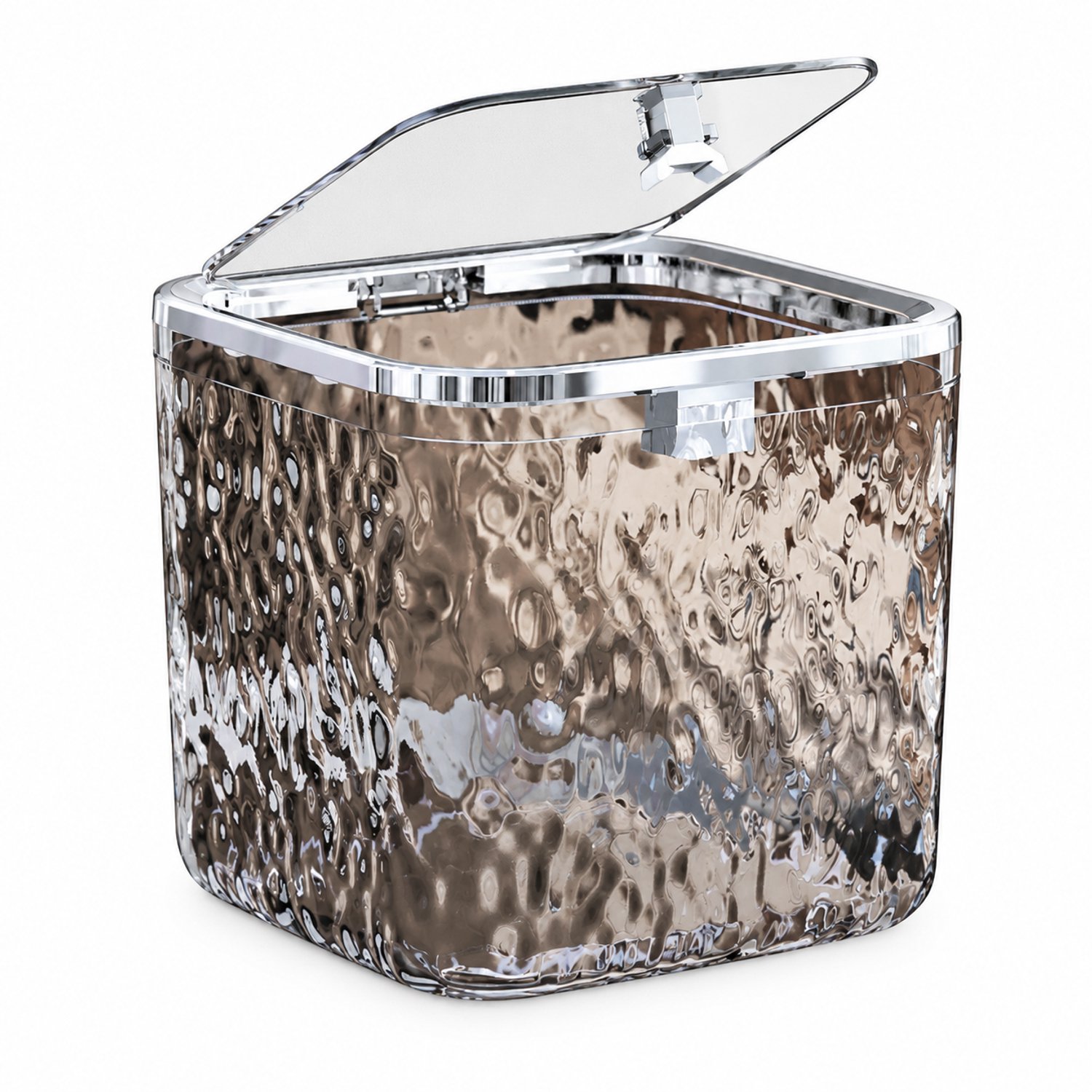 Tafelprullenbak met openspringend deksel - Transparant grijs met watergolfstructuur - Afgerond vierkant - 15 x 15 x 14 cm